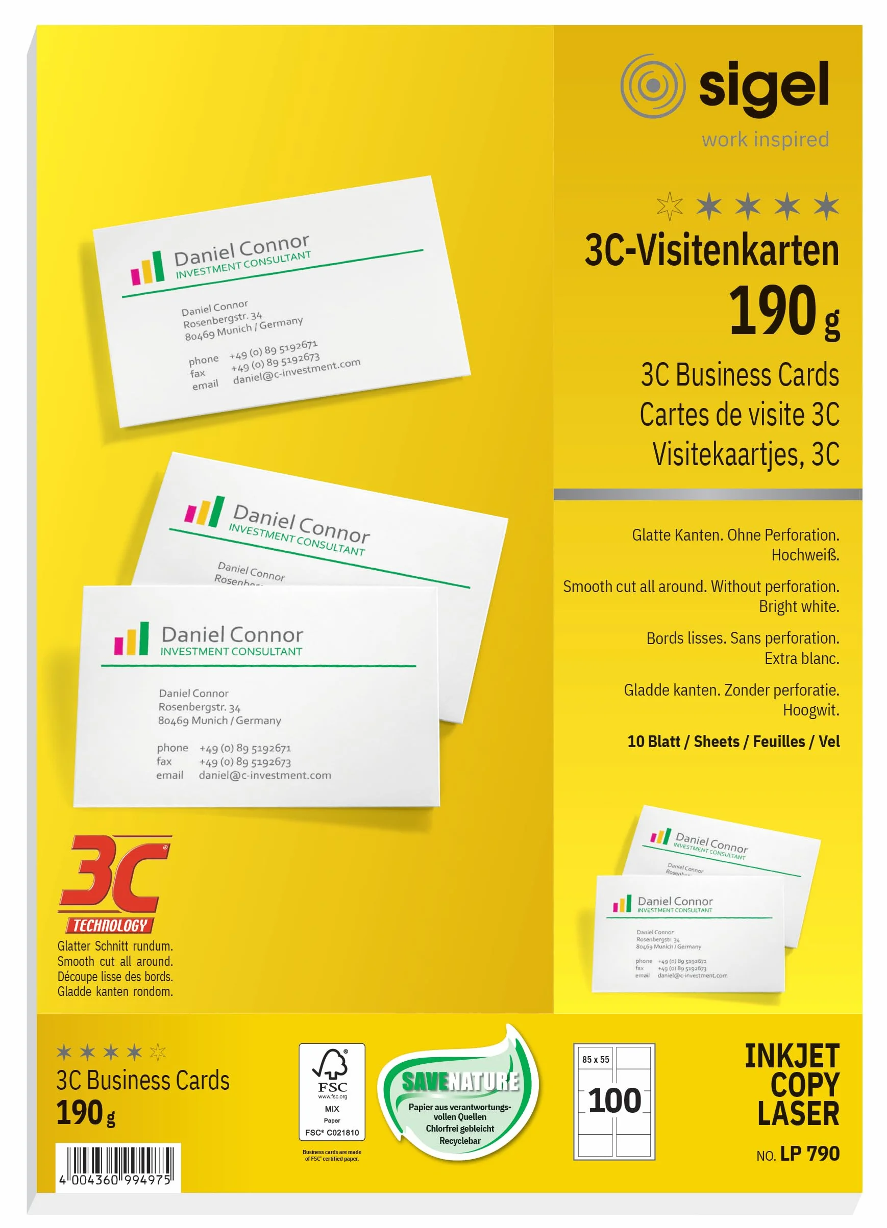 SIGEL Lp790 Lot de 100 Cartes de Visite Imprimables, 8,5 x 5,5 cm, 190 G