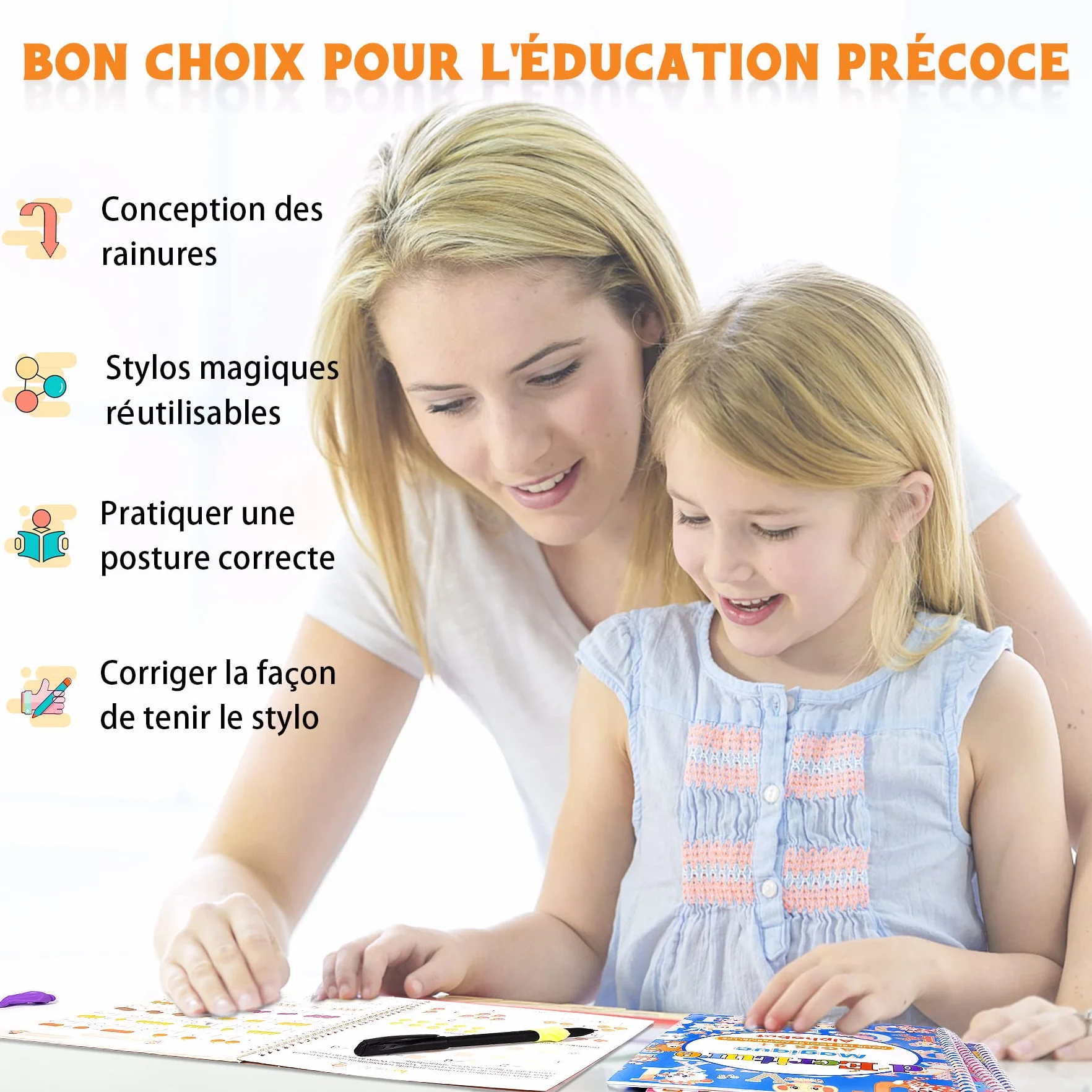 Larcenciel Grand Cahier Écriture Magique Français, 4 Livres Calligraphie Enfant Réutilisable avec Stylos Recharges, Cahier Vacances Maternelle CP CE1