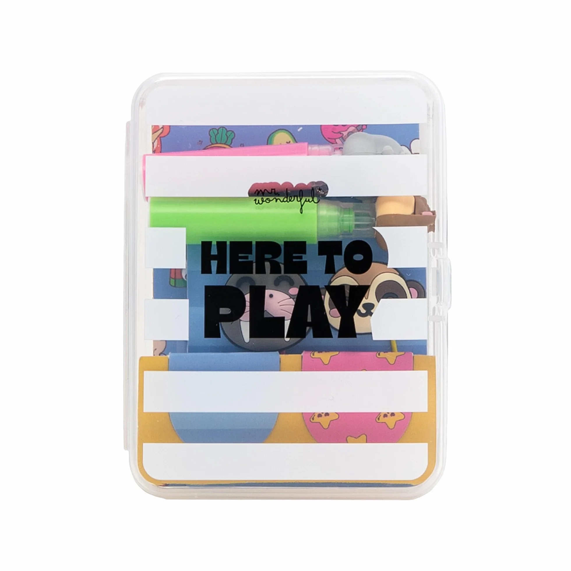 Mr. Wonderful Kit Papeterie Créative Here to Play – Set Autocollants Surligneurs Marque-Pages Mini Carnet