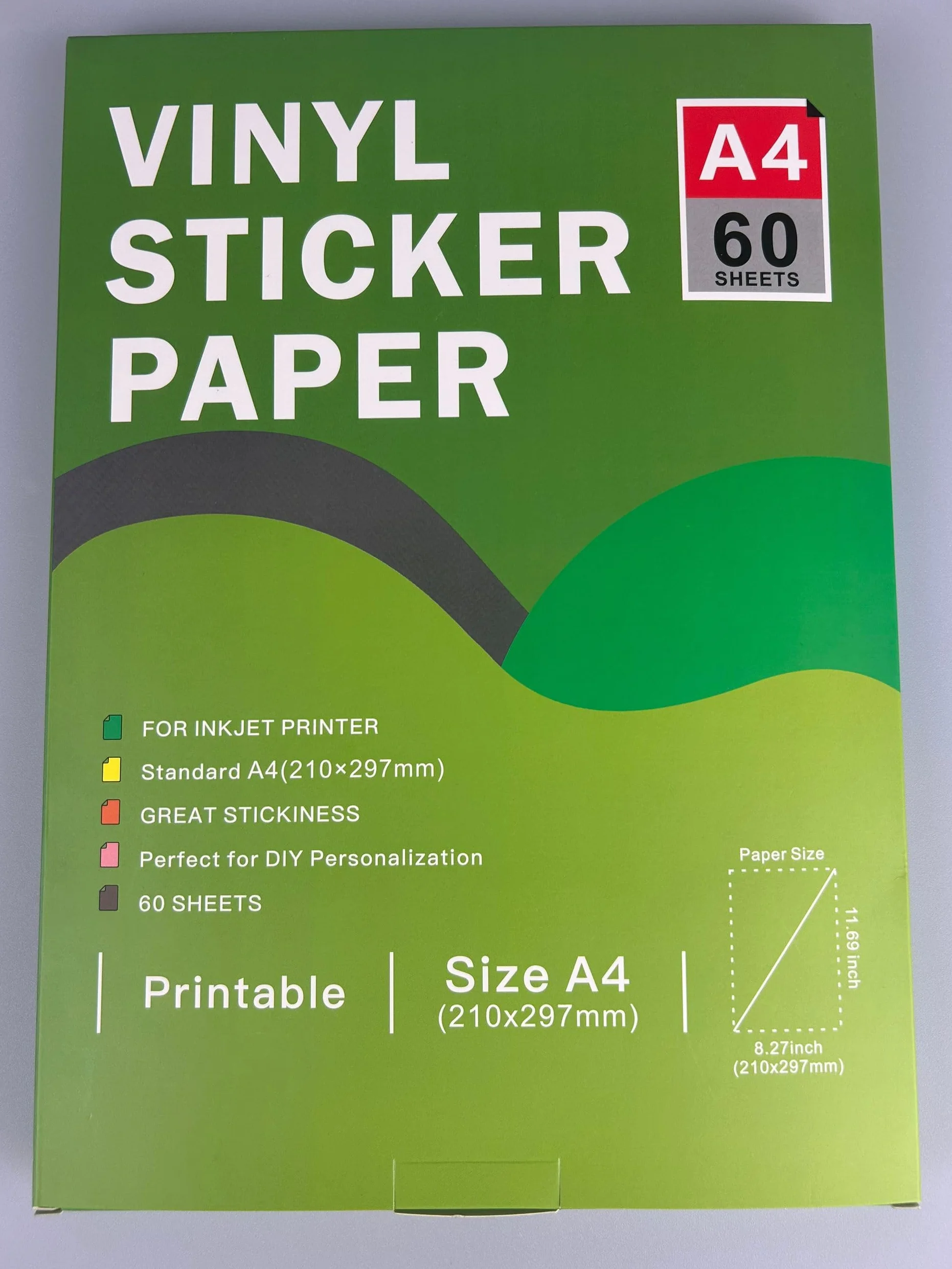 Papier Autocollant en Vinyle Blanc Brillant Imprimable A4 297 x 210 mm 60 Feuilles pour Imprimante Jet d'Encre Compatible Cricut Silhouette