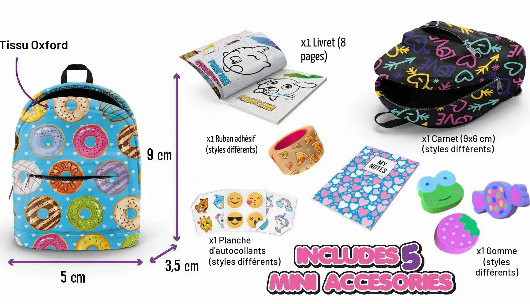 Joy Toy Mini Sac à Dos 5 Articles de Papeterie 9 x 5 cm Multicolore