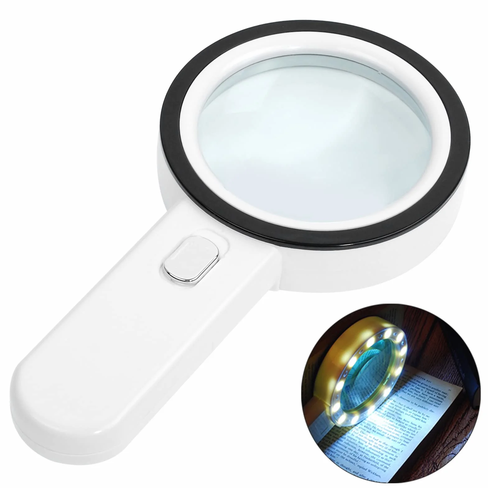 Loupe Grossissante avec 12 LED Lumière, Loupe Eclairante à Main pour Lecture, Bijoux, Seniors, Malvoyant, Observations et Travaux Manuels Blanc