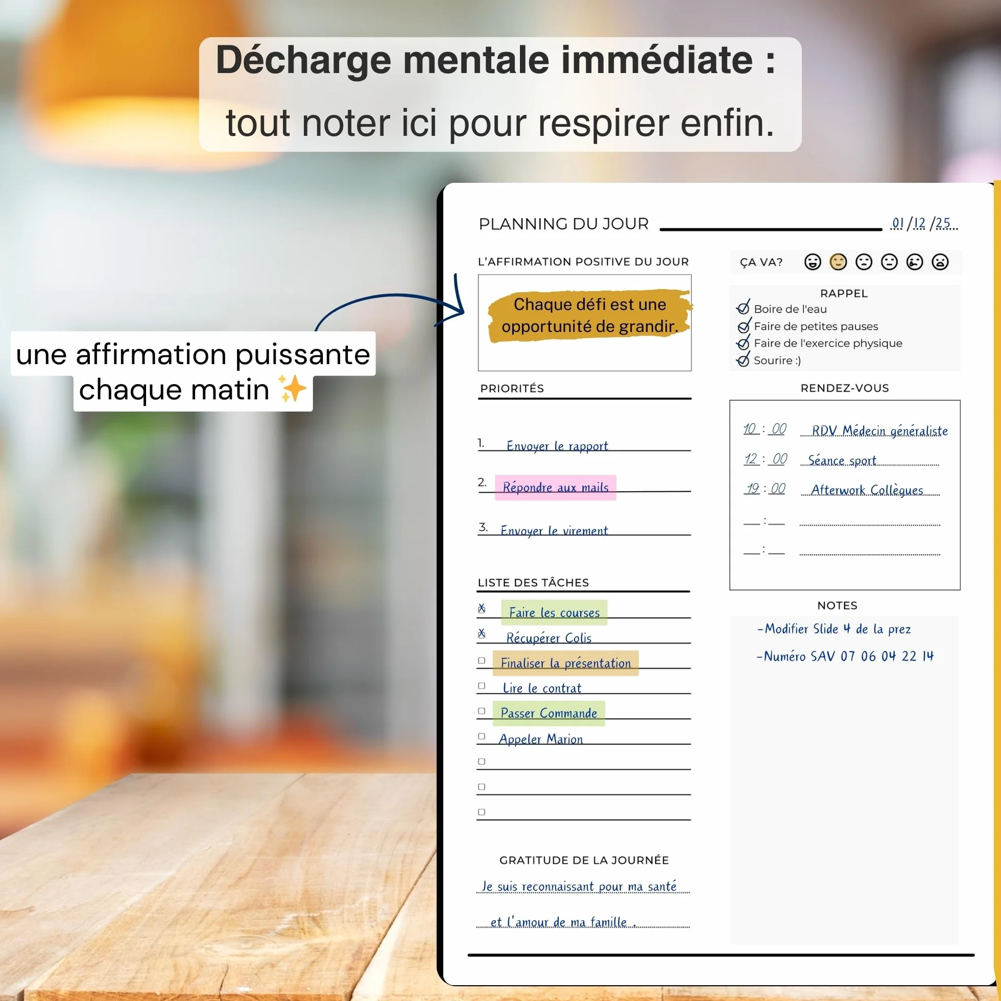 Planner Français de productivité, Semainier, Planning annuel mensuel journalier, agenda non daté, coffret cadeau stickers affirmations positives, to do list, bullet journal pre rempli (4 mois)