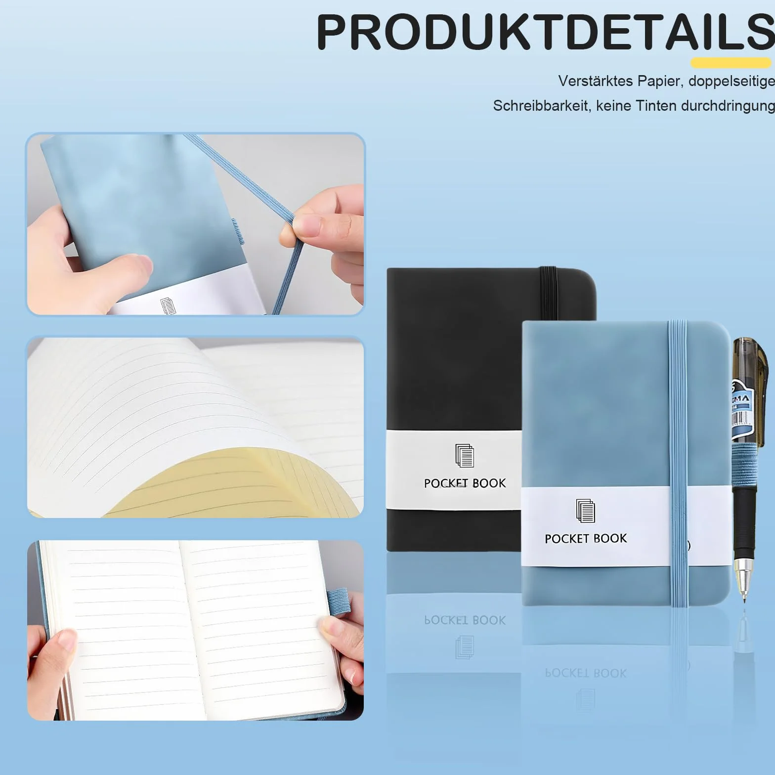 Carnets de notes A7 200 pages Lot de 2 Porte-stylo noir/bleu