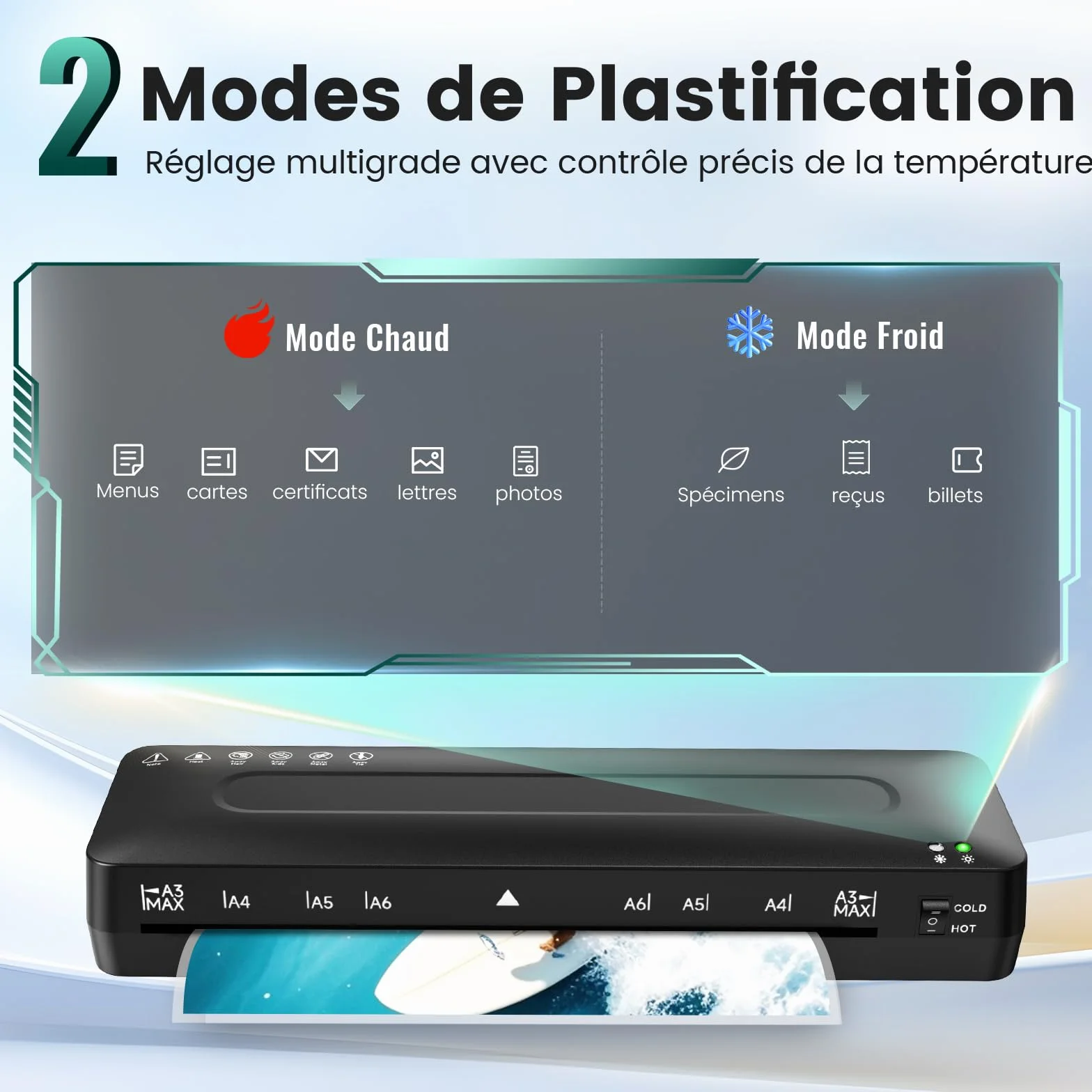 Plastifieuse A3 5 en 1 Machine à Plastifier Thermique et à Froid avec Pochettes A3/A4/A5/A6, Coupe-papier et Arrondisseur d'angle