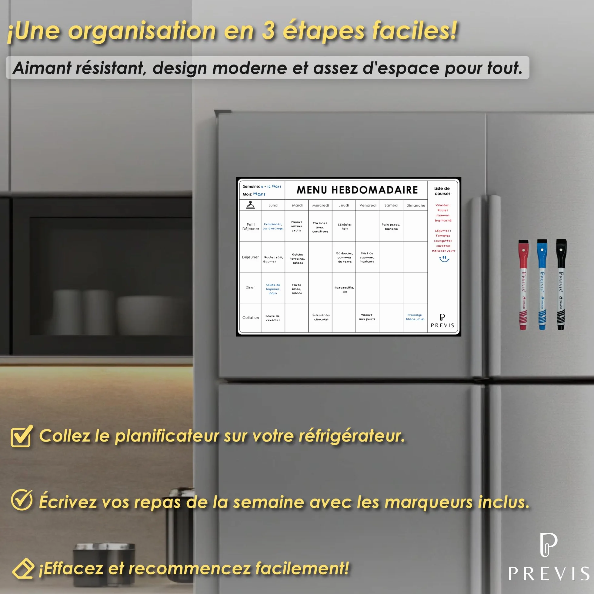 PREVIS Planificateur de Menus A4 21x29cm avec 3 Marqueurs Magnétiques - Tableau Magnétique Frigo Semaine