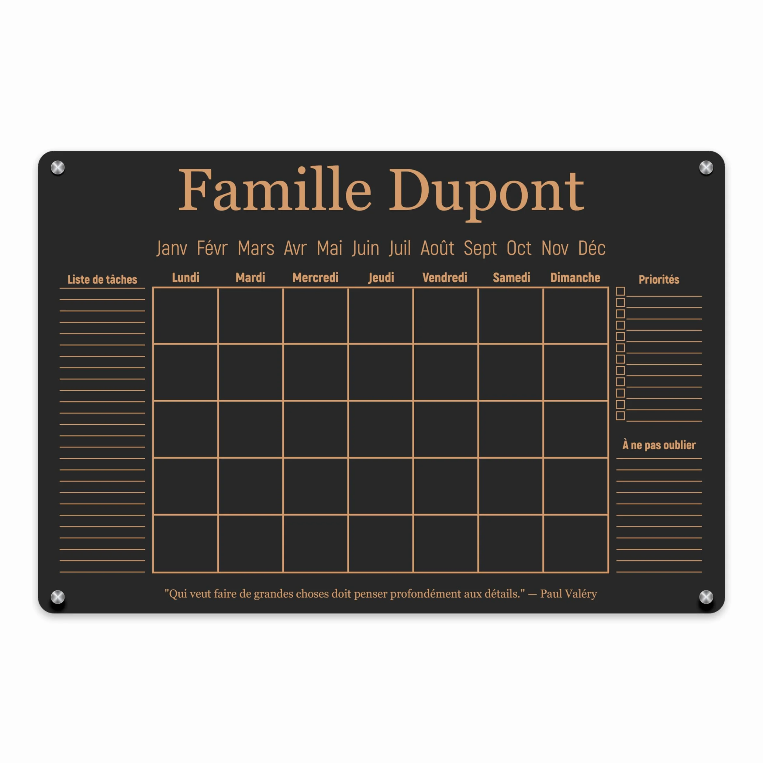 Calendrier Mural en Acrylique Personnalisé LAUBLUST A2 A3 A4 Noir Planificateur Familial Hebdomadaire Mensuel Annuel Effaçable