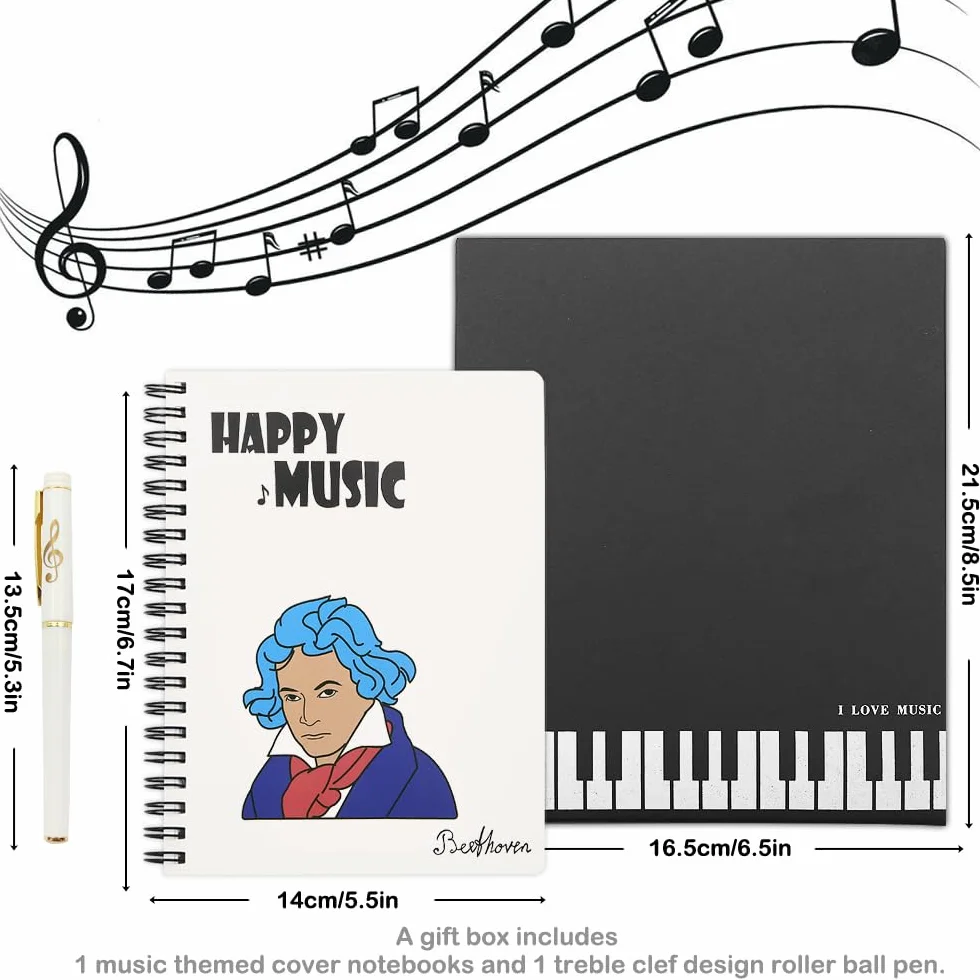 Coffret cadeau papeterie piano musical, carnet spirale feuilles mobiles stylo bille bureau école étudiant