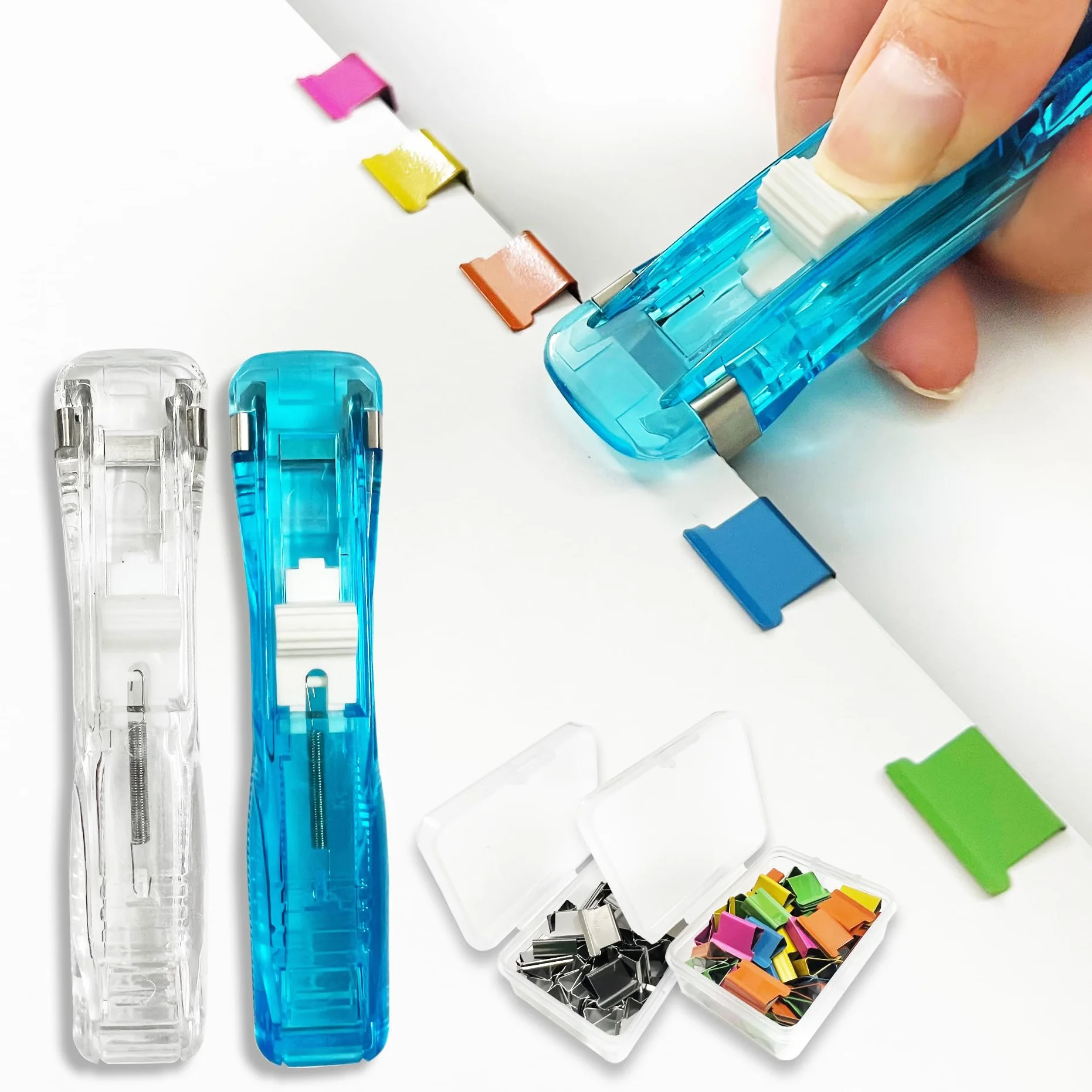 Distributeur de pinces créatif rechargeable, avec 100 clips, pour bureau maison école (Bleu/blanc)
