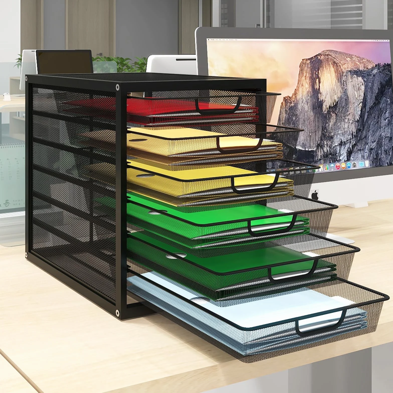 PUNCIA Bac à Courrier en Maille Métallique 6 Niveaux Organiseur de Bureau Multimédia Boîte de Rangement Noir