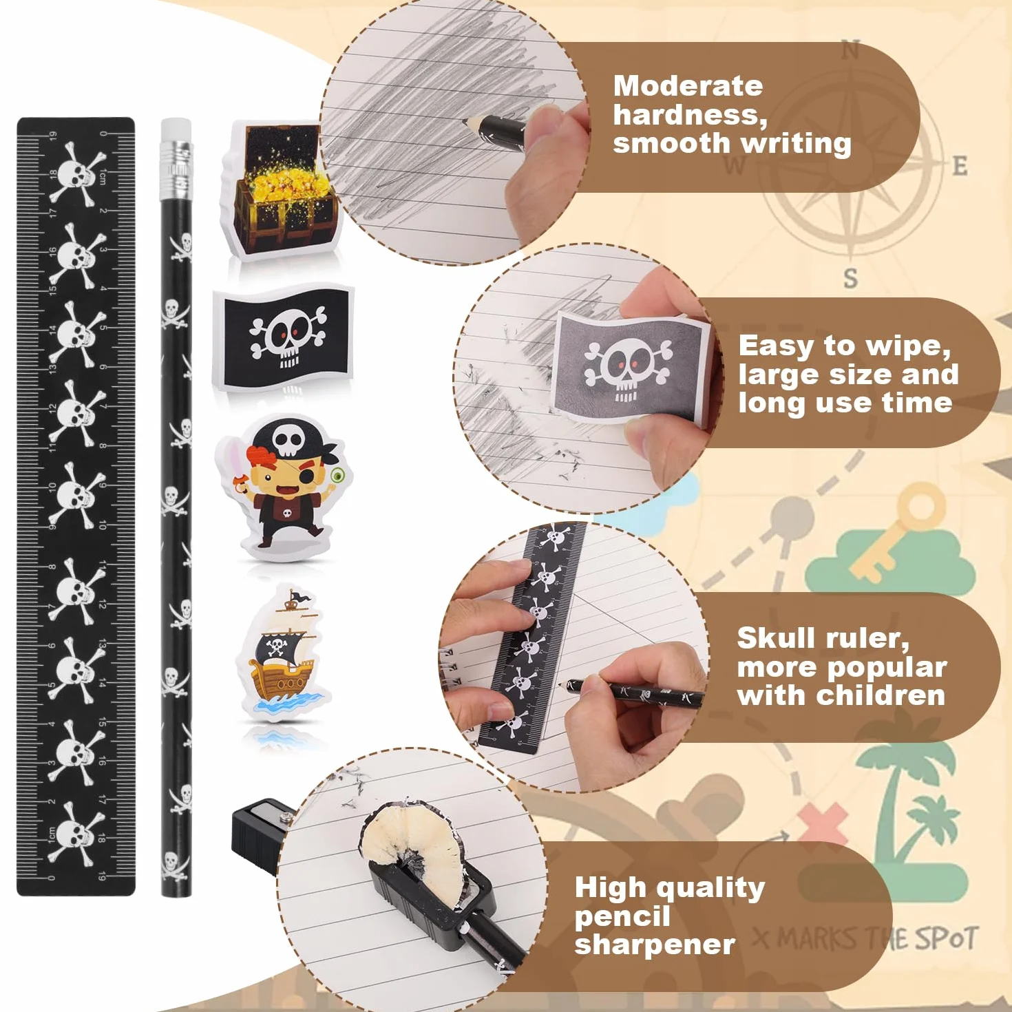 Kit d'écriture scolaire pirate avec crayons, gomme, règle, taille-crayon, lot de 14