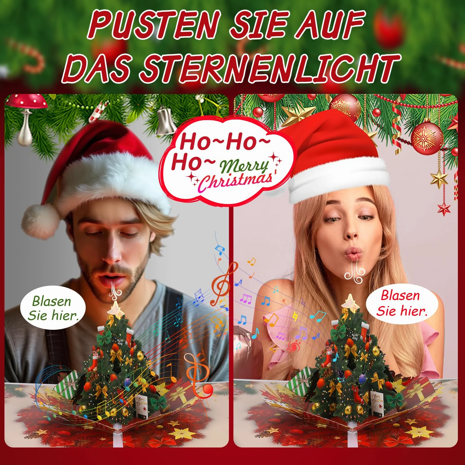Carte de Noël pop-up avec musique et lumière arbre de Noël 3D cadeau