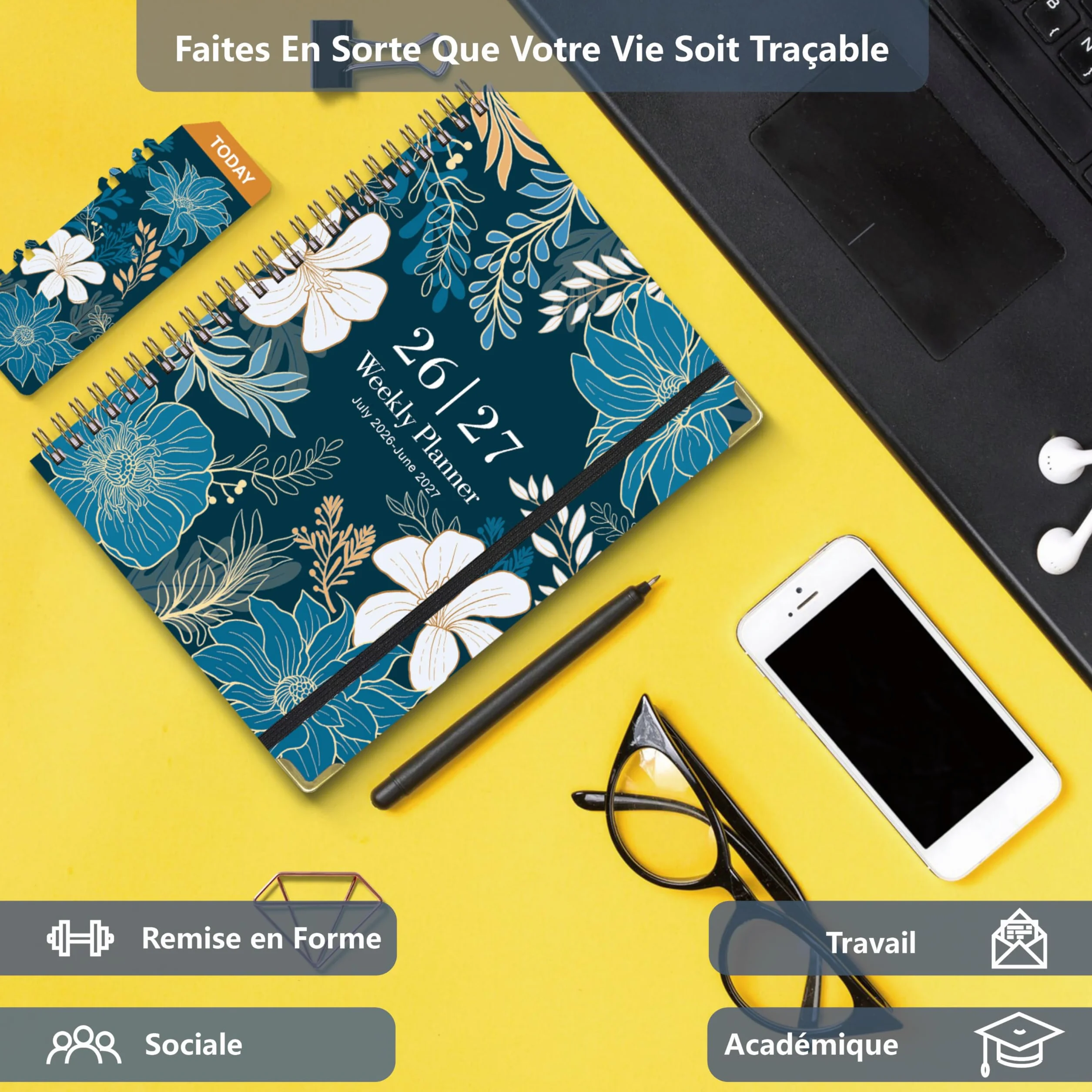 NEYSA Agenda Semainier 2026-2027 A5 Spirale Juillet 2026 - Juin 2027 avec Boucle de Stylo, Règle Signet & Autocollants