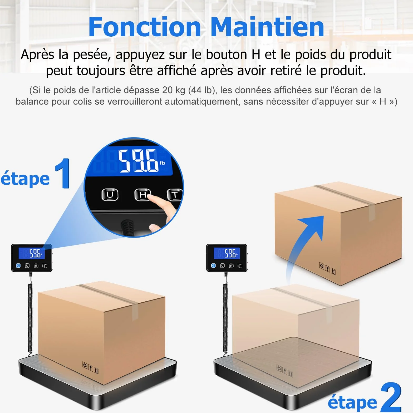 Balance Colis Numérique 200kg/10g avec Fonction Hold/Tare, Écran LCD Externe, Professionnelle