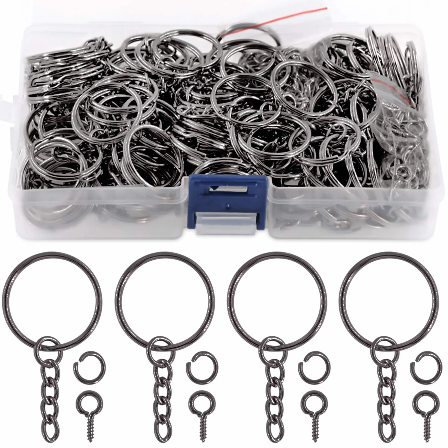 Lot de 450 porte-clés noirs 25 mm avec anneaux et épingles à œillet
