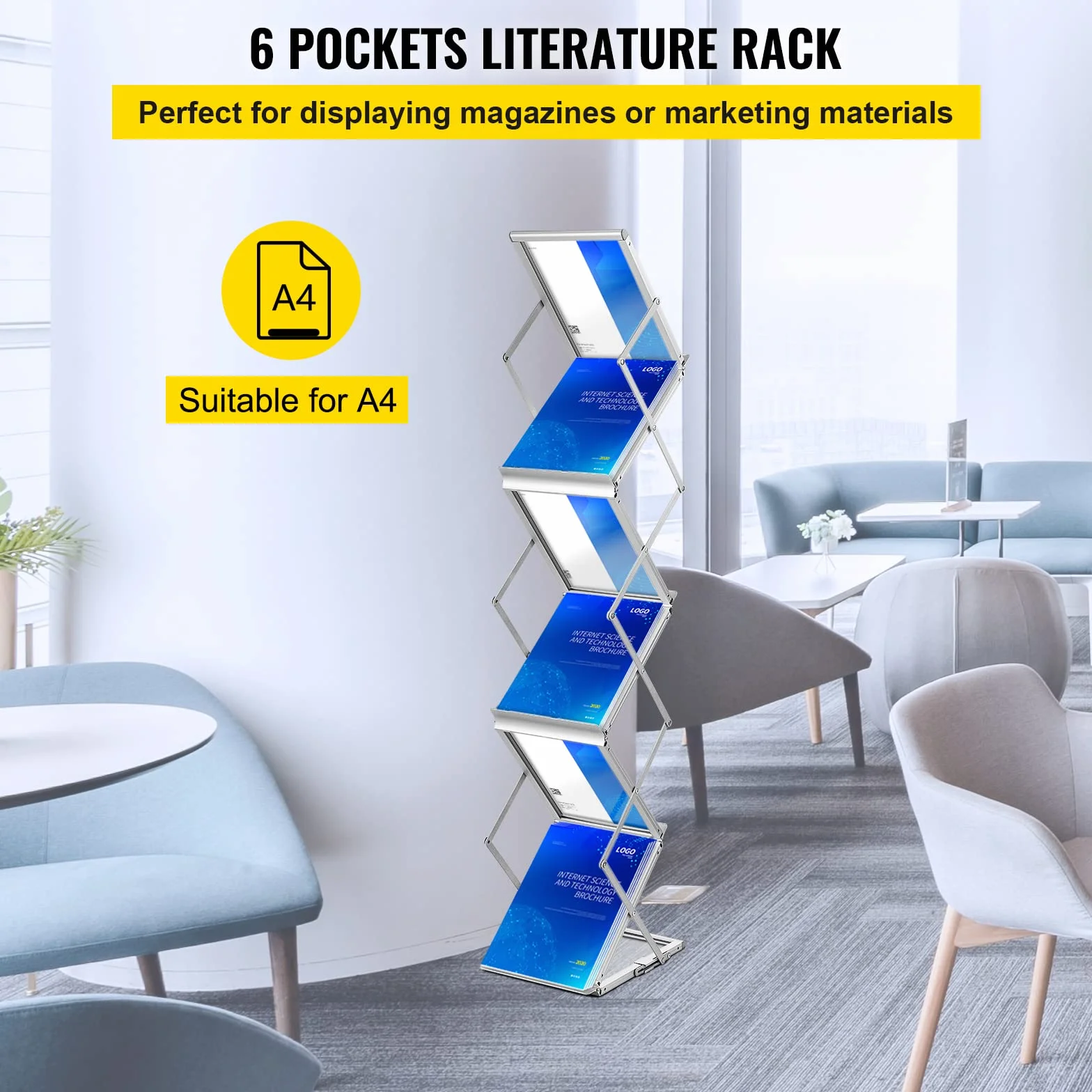 VEVOR Présentoir à Brochures en Alliage Aluminium Pliable 6 Compartiments A4 Portable 26x36x152 cm