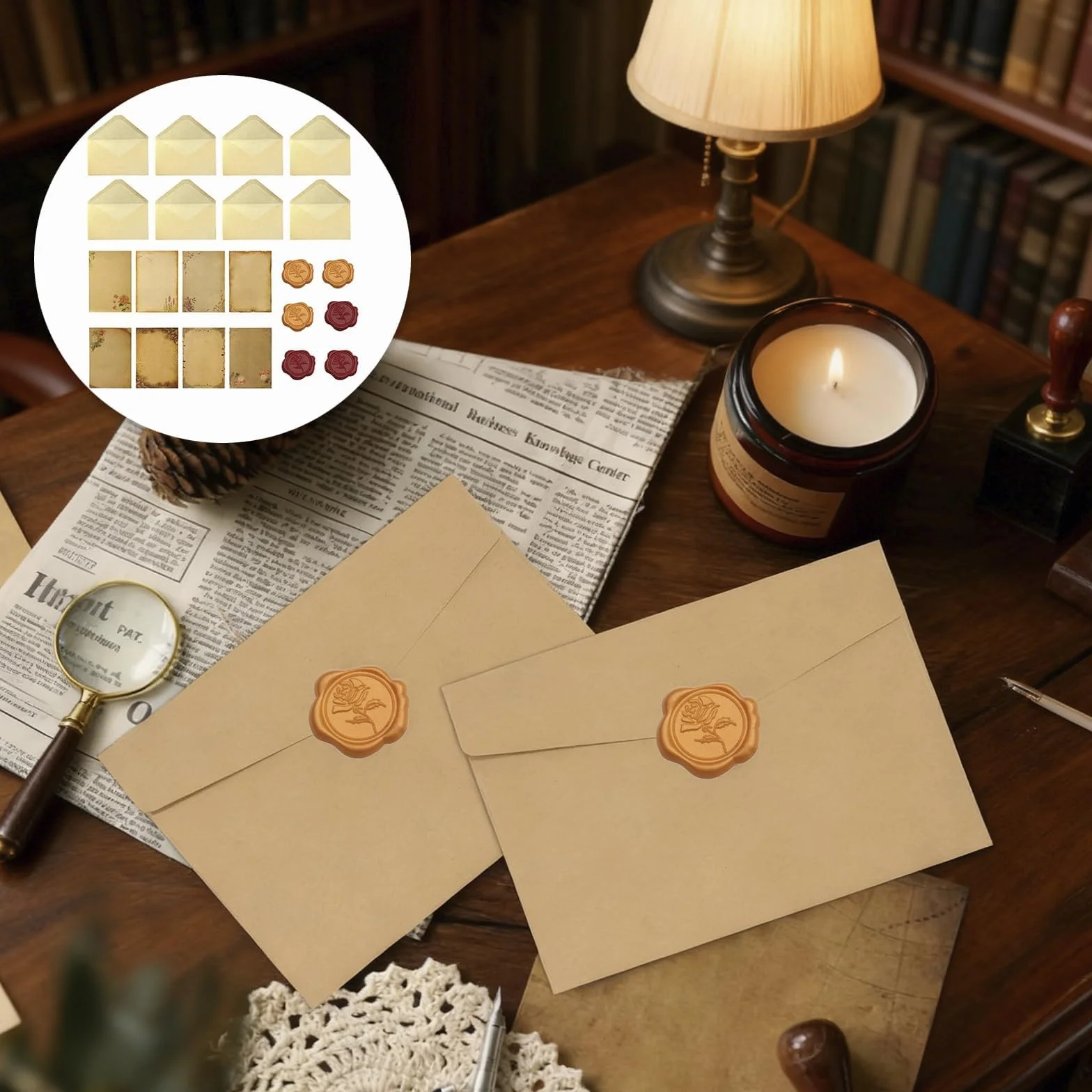 Set de 48 Papiers à Lettre et Enveloppes Vintage avec Sceaux de Cire