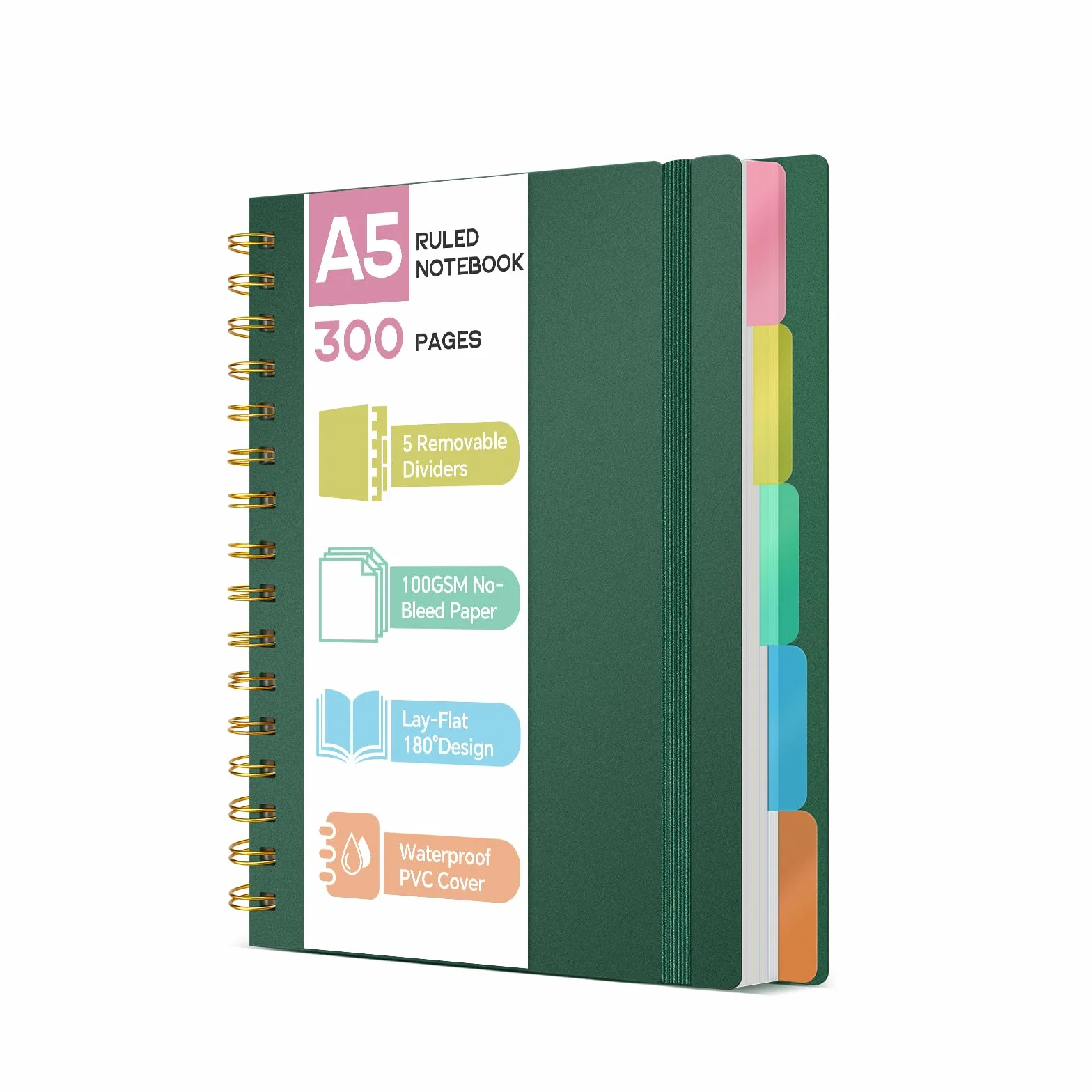 Carnet A5 avec Intercalaires Papier 100GSM Anti-Déversement 300 Pages Couverture Rigide PVC Spirale
