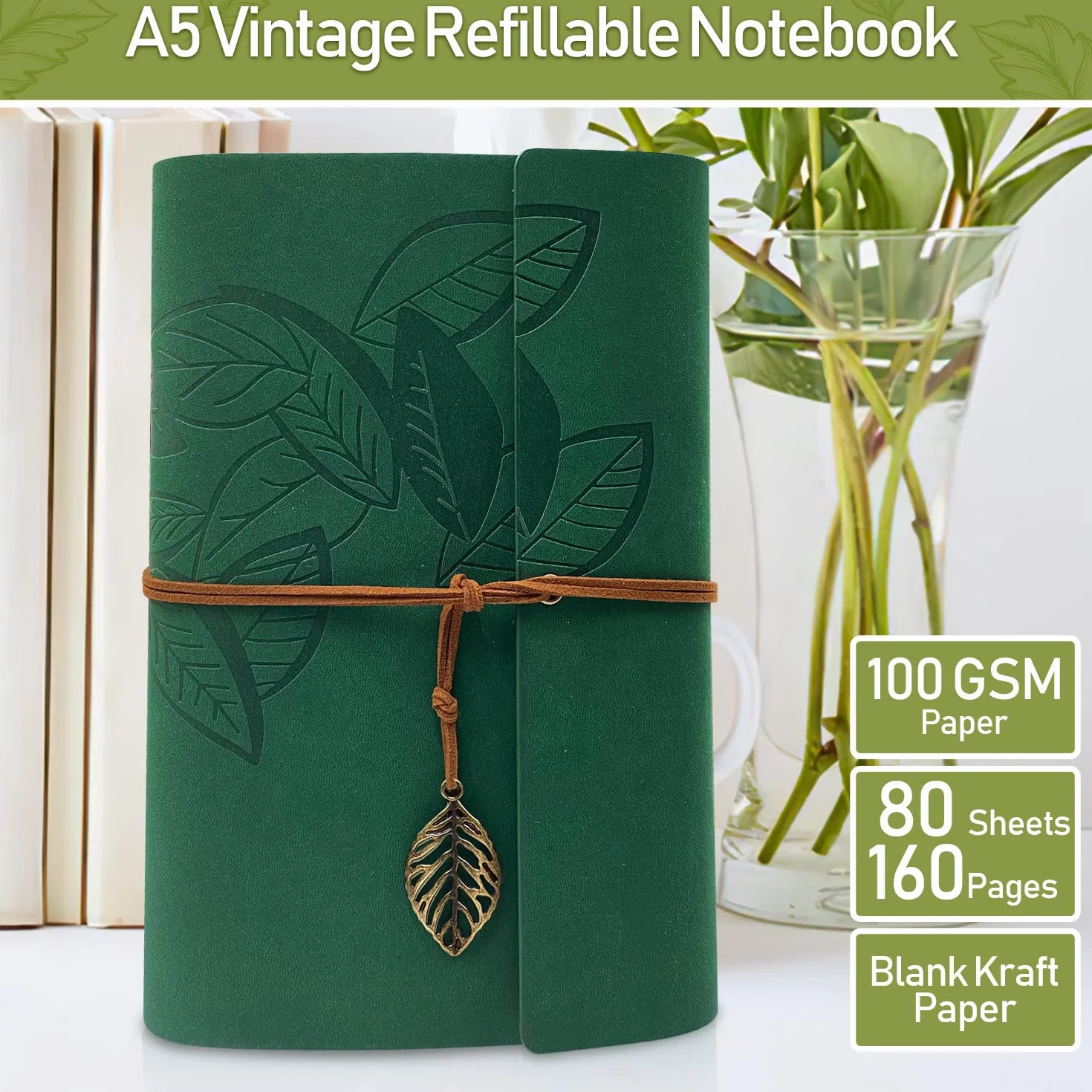 Carnet de Notes A5 Cuir 160 Pages 100 g/m² 14.1x21cm Couverture Rigide avec Bande Élastique (Vert)