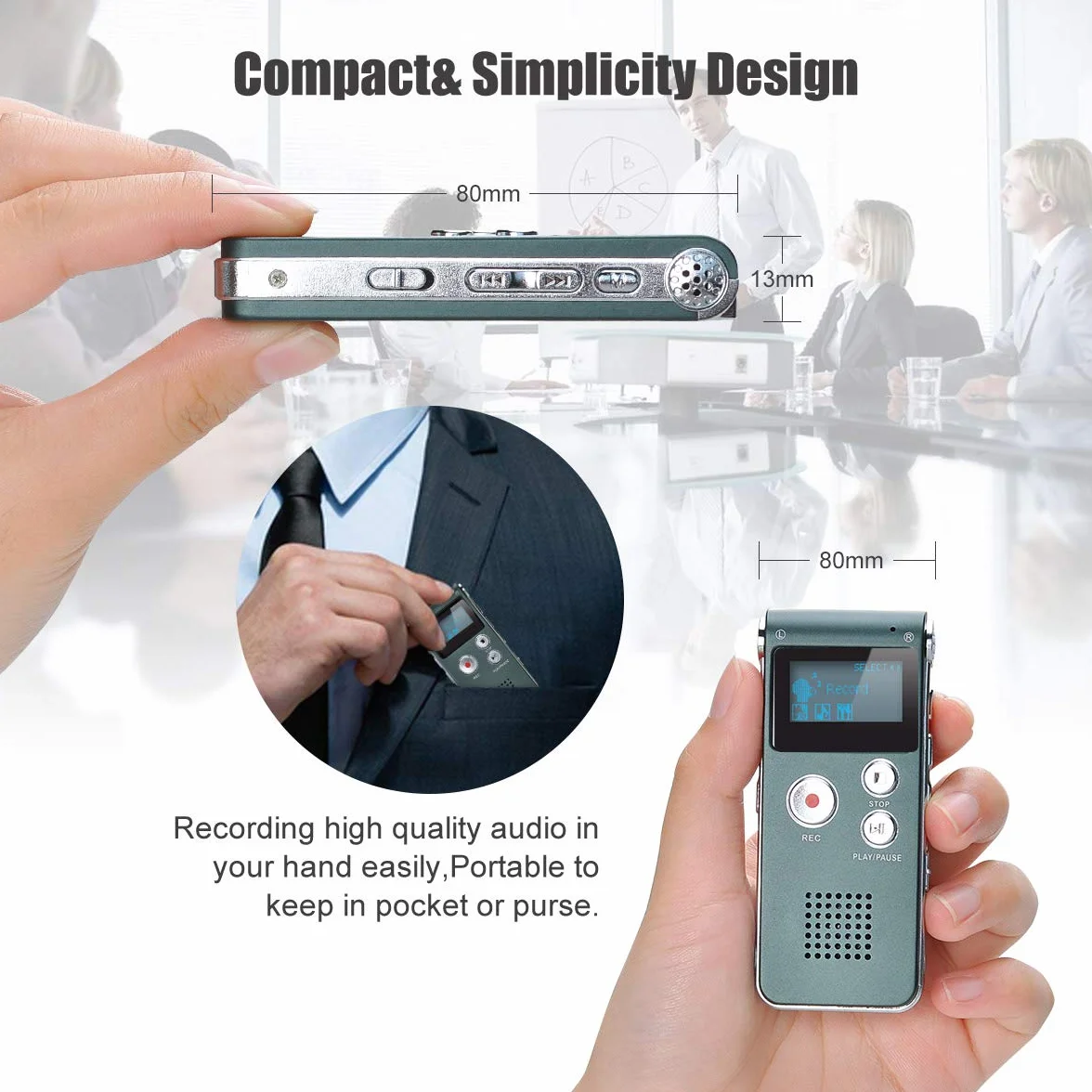 Dictaphone Enregistreur Numérique Portable 8GB Enregistreur Vocal Audio Lecteur MP3 LCD (Gray)