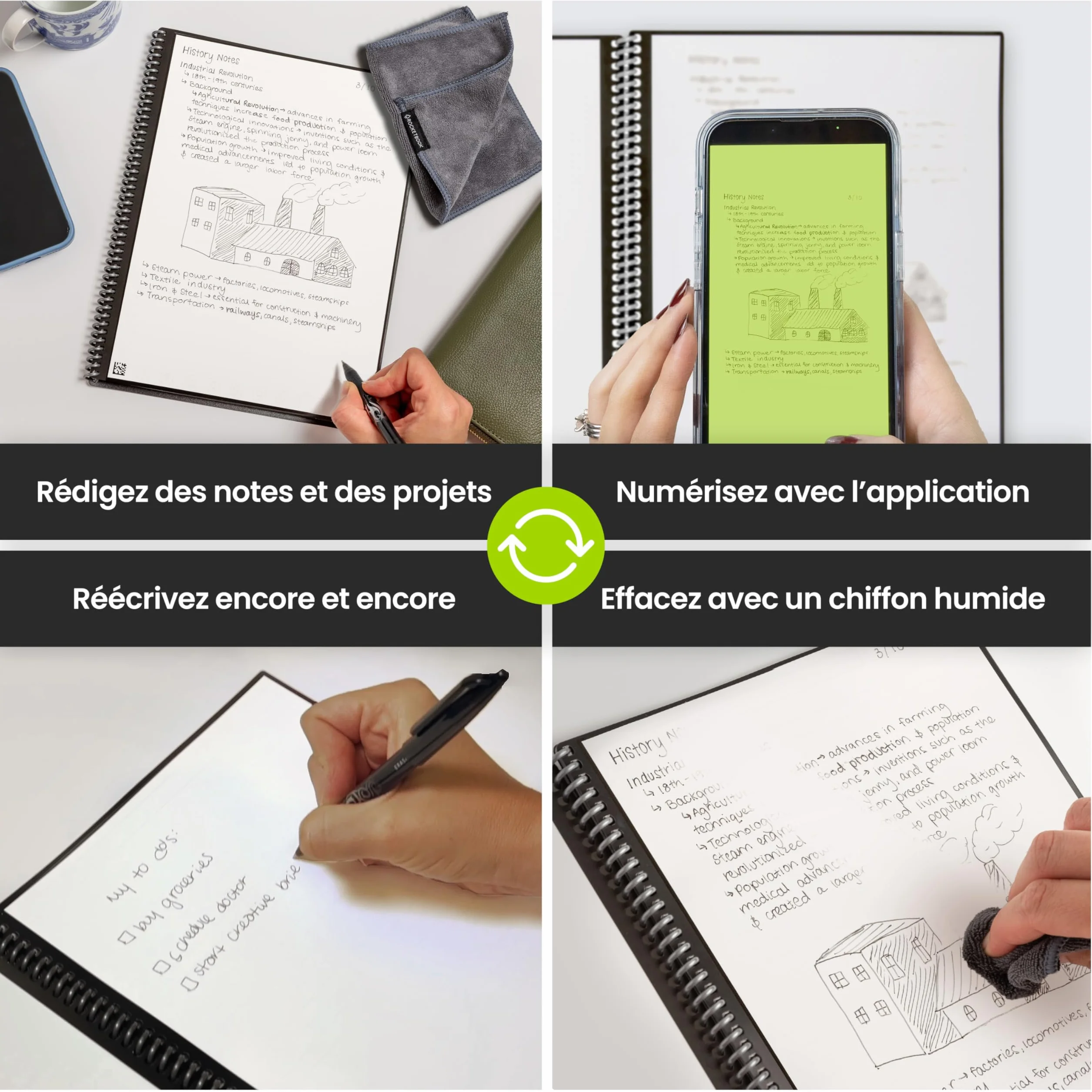 Rocketbook Fusion Agenda Non Daté Réutilisable Taille Letter 21 x 29,7 cm Noir Objectifs Calendrier Mensuel Hebdomadaire To-Do Lists Quotidiennes Pages Lignées Pointillées