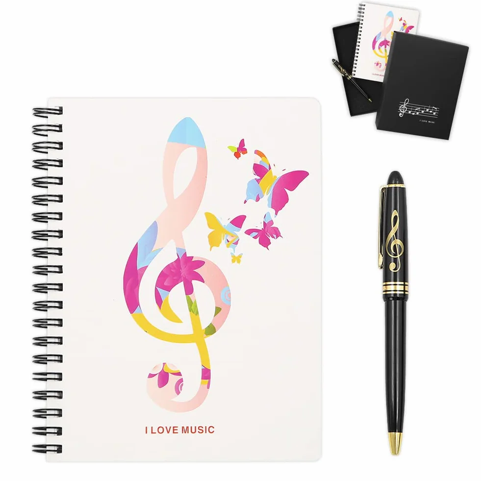 Boerni Musique Piano Melody Thème Papeterie Coffret Cadeau, Piano Wirebound Journal avec Treble Clef Design Roller Ball Pen