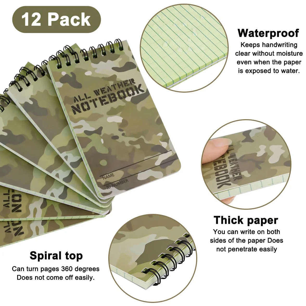 Carnets Étanches A7 Mini Cahiers à Spirale, All Weather Notebooks Bloc-notes, Aqua Notes pour Plein Air, Format de Poche (Camouflage)