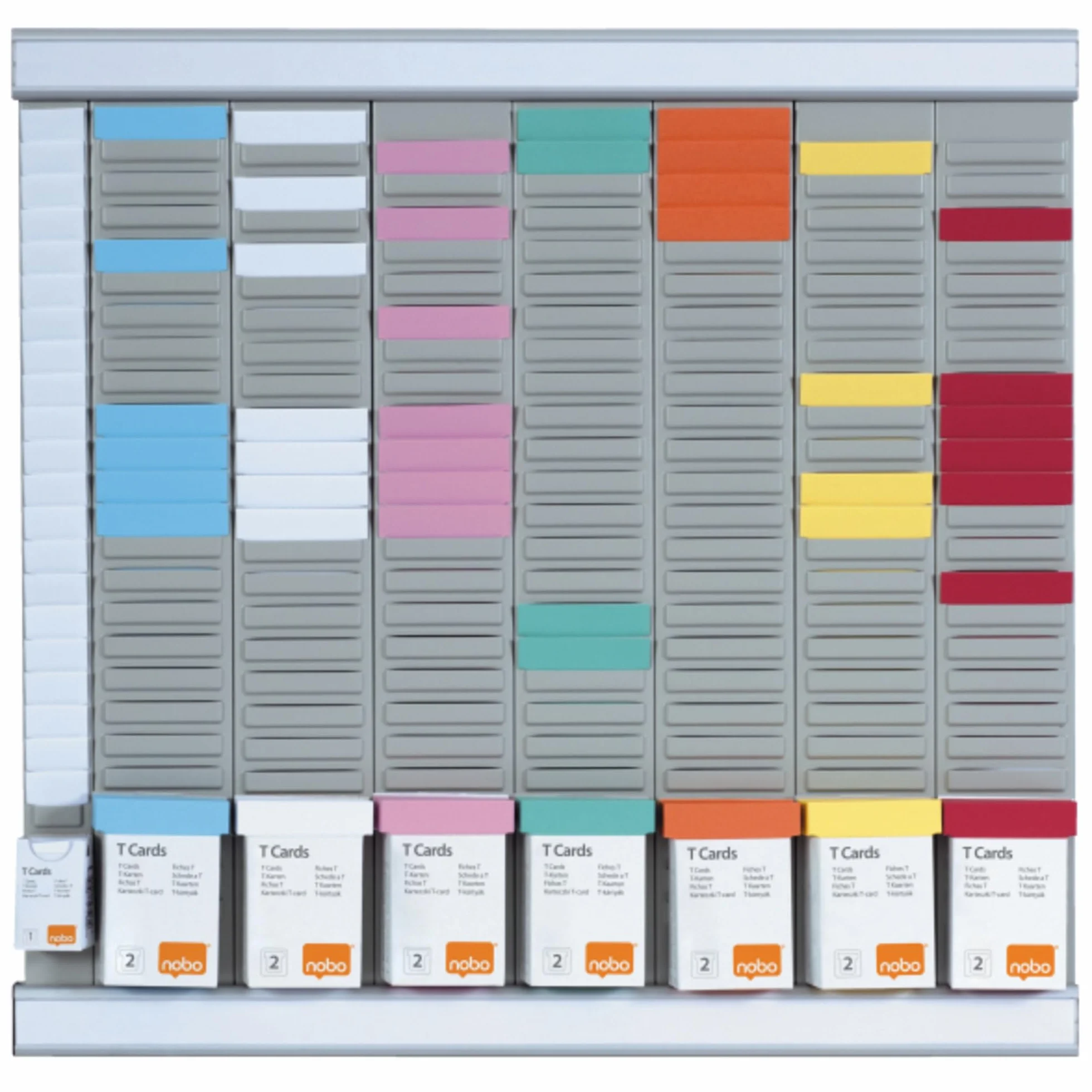Nobo Kit Planning Hebdomadaire Mural à Fiches T 7 Colonnes 24 Fentes Indice 2 Fiches T Multicolores Index Inclus