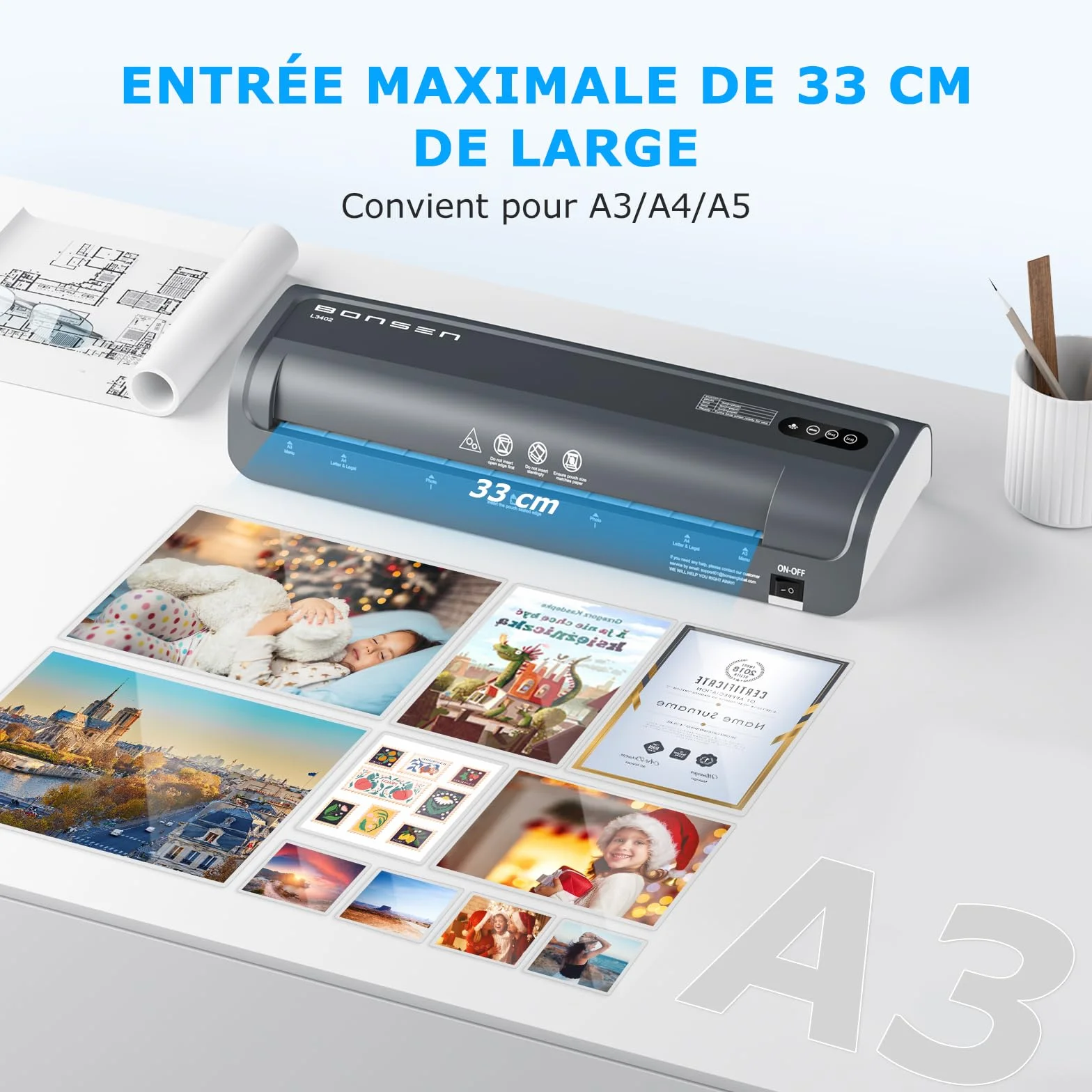 BONSEN Plastifieuse A3 Anti-Blocage 100 Pochettes Incluses Température NTC Précise Plastification Rapide