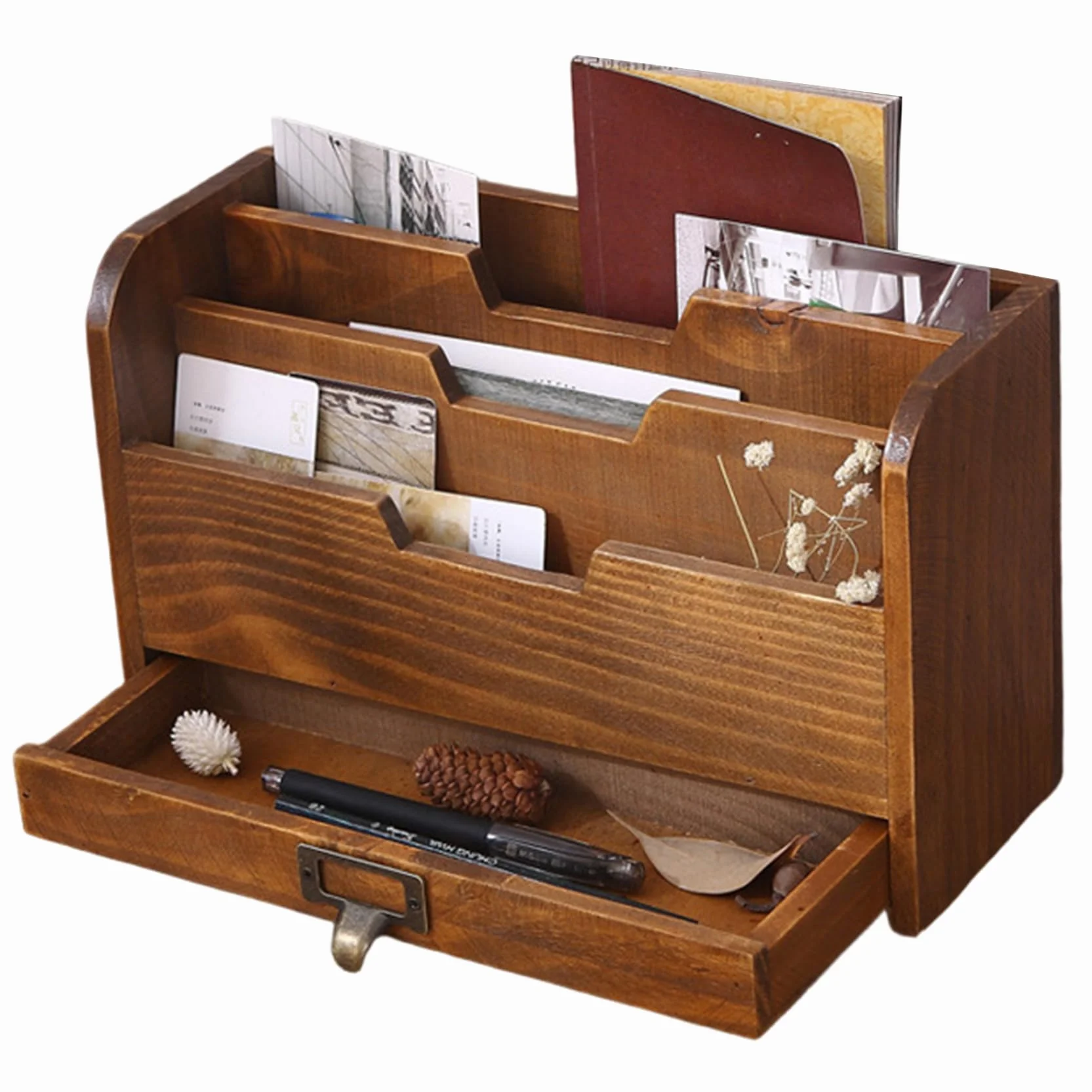 Porte-Lettres en Bois 3 Compartiments avec Tiroir, Organisateur de Bureau Marron rétro pour Courriers