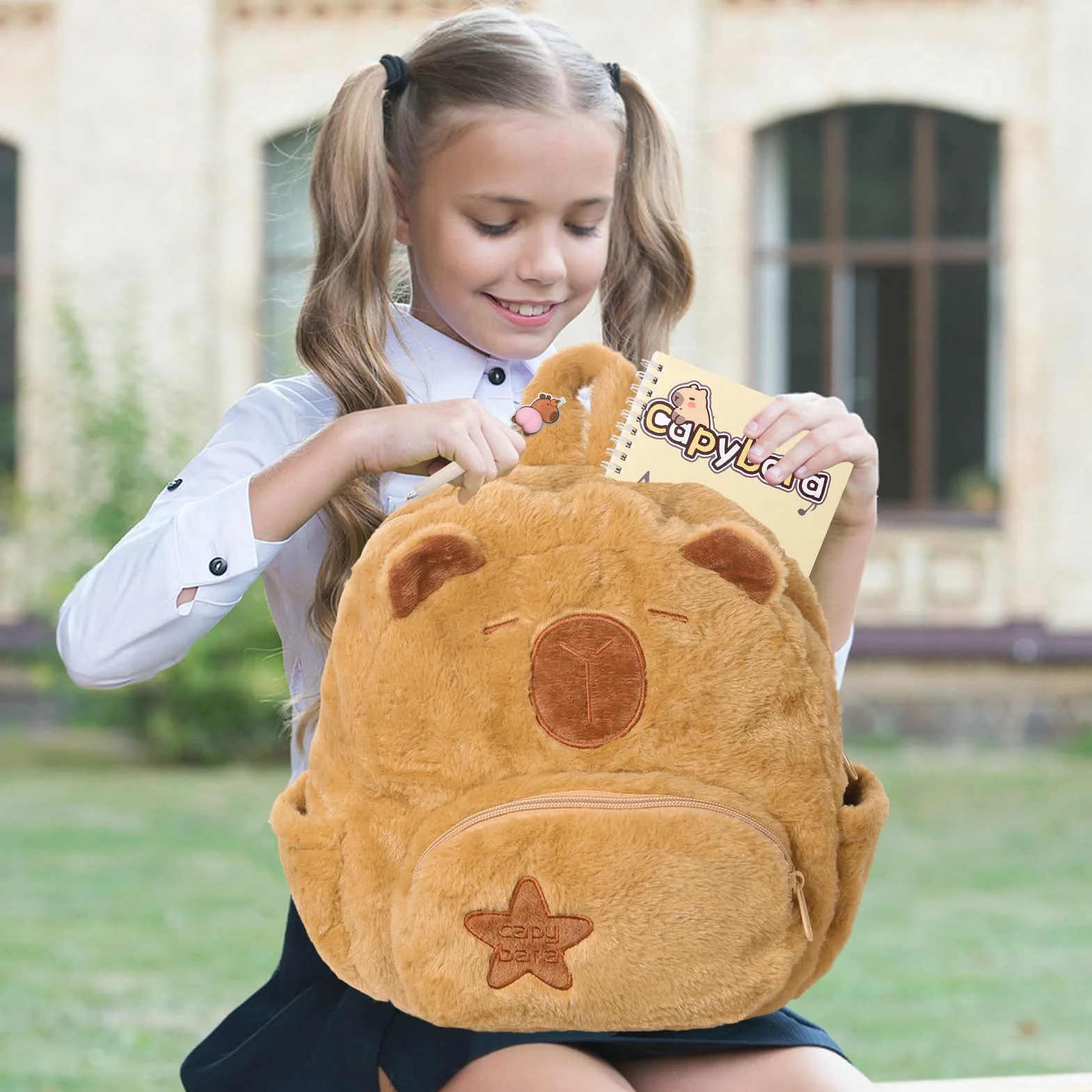 Cartable Scolaire Capybara Peluche Ensemble de Papeterie Sac à Dos Cadeau pour Fille 2-8 Ans