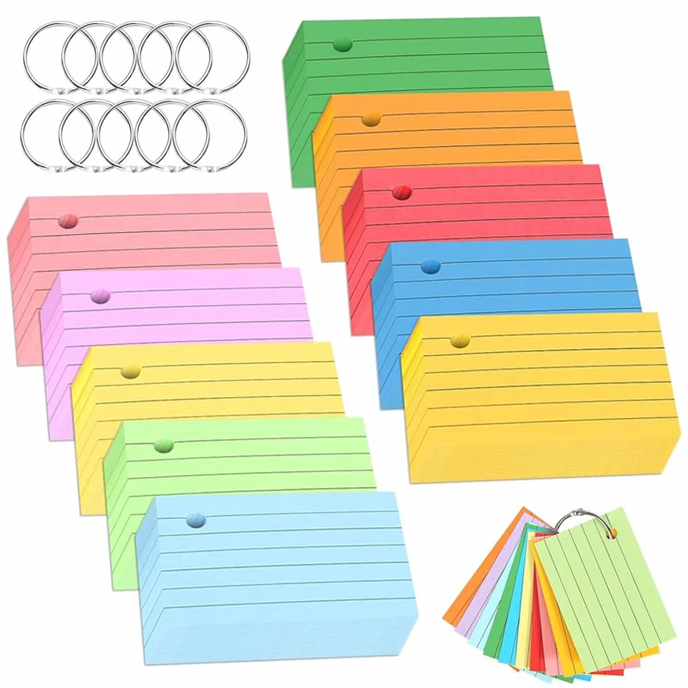 1000 Flash Cards A8 Fiche de Revision Papier Lignées 150g/m² 10 Anneaux Reliure 10 Couleurs