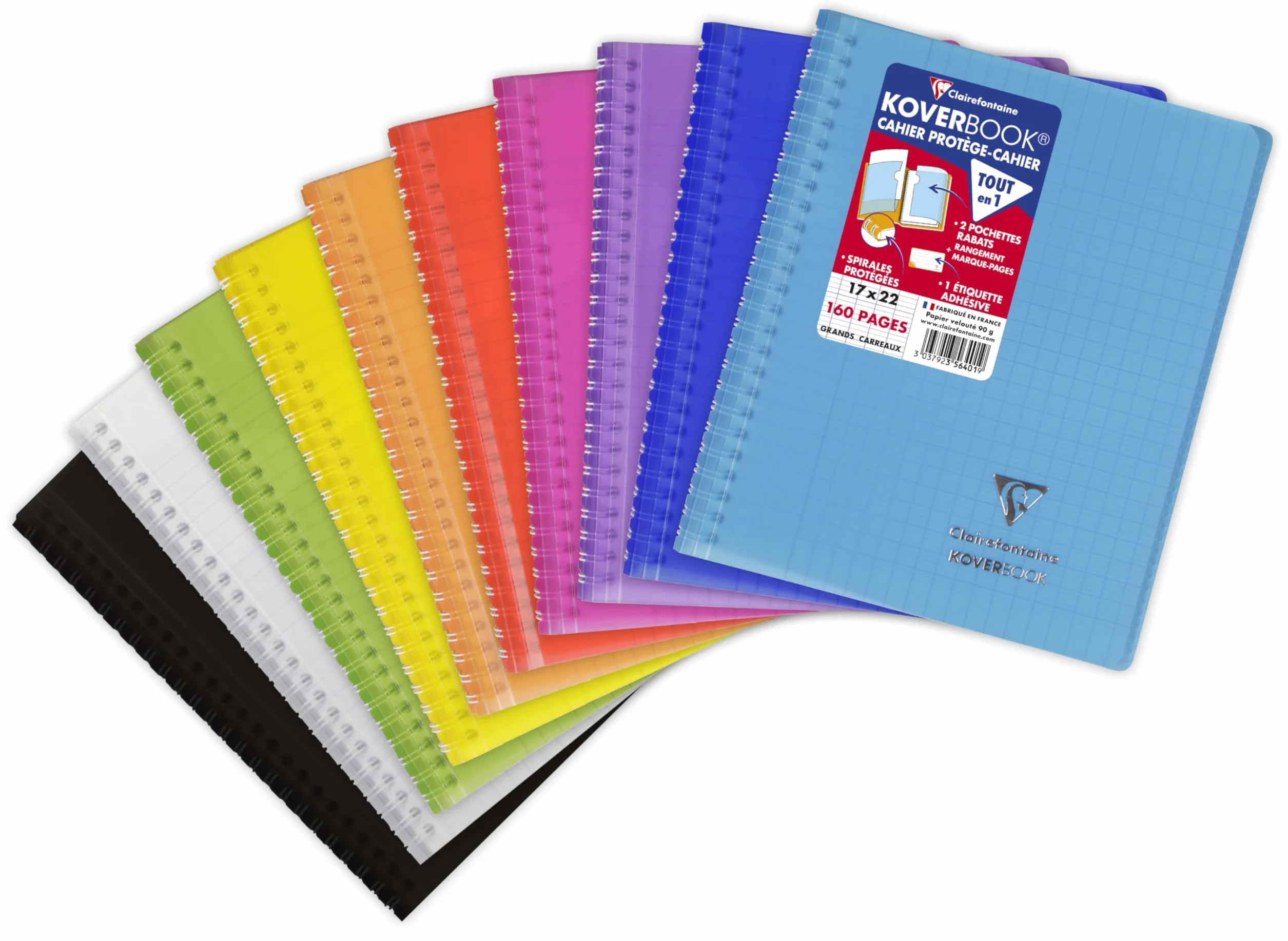 Clairefontaine Cahier à Spirale Koverbook 17x22 cm 160 Pages Grands Carreaux Papier Blanc 90 g