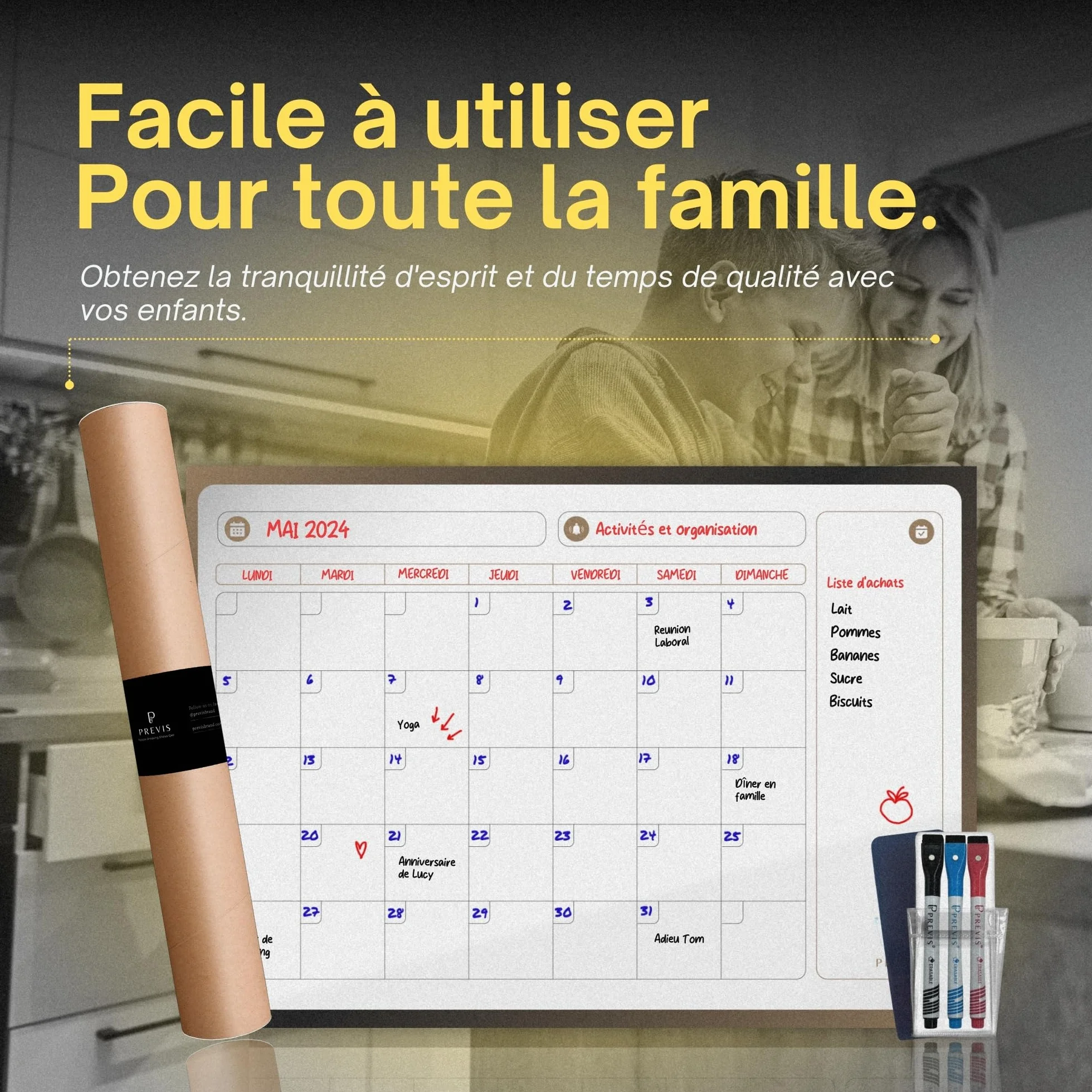 PREVIS Calendrier Mensuel Mural Effacable A2 60x40cm avec 3 feutres - Tableau Organisateur Mural Planning Mensuel 2025 Grand Format Familial