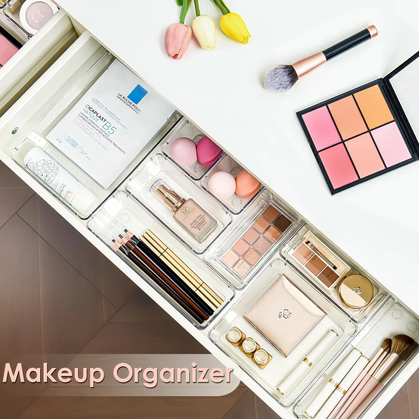 Lot de 16 Organisateurs de Tiroirs Transparent, Rangement Maquillage avec 5 Tailles, Plastique pour Bijoux Cosmétiques