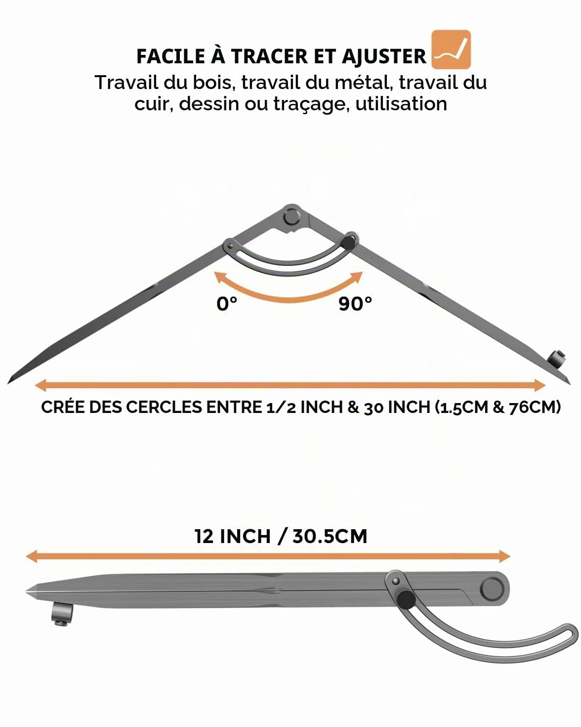 Nicpro Compas 12 pouces pour le Travail du Bois avec Aile et Porte-Crayon