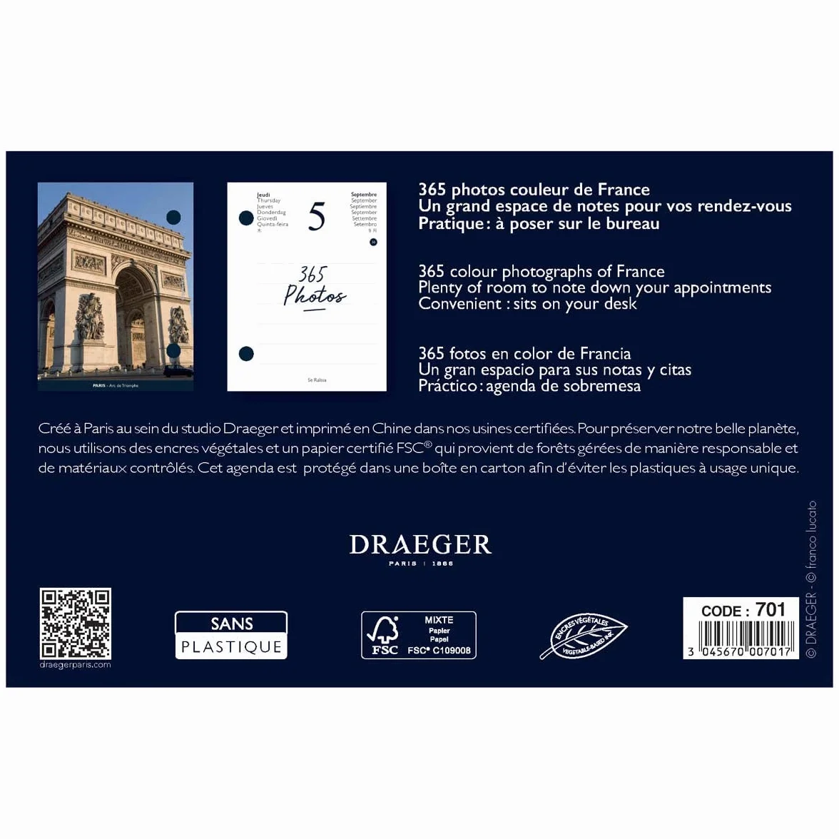 DRAEGER PARIS 1886 Recharge Éphéméride Agenda Yvon 2024-365 Feuillets Photos Chats Multilingue Français Anglais Espagnol Compatible Socle Bambou 11x1.5x16cm