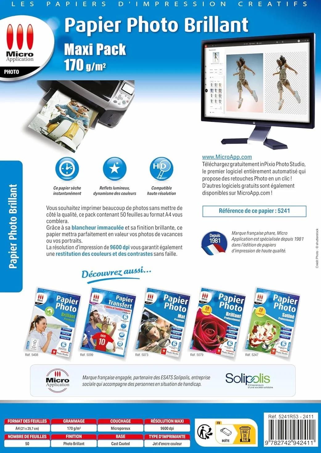 Papier Photo Brillant A4 170 g/m² Maxi Pack 50 Feuilles Séchage Rapide 9600 dpi Compatible Jet d'Encre