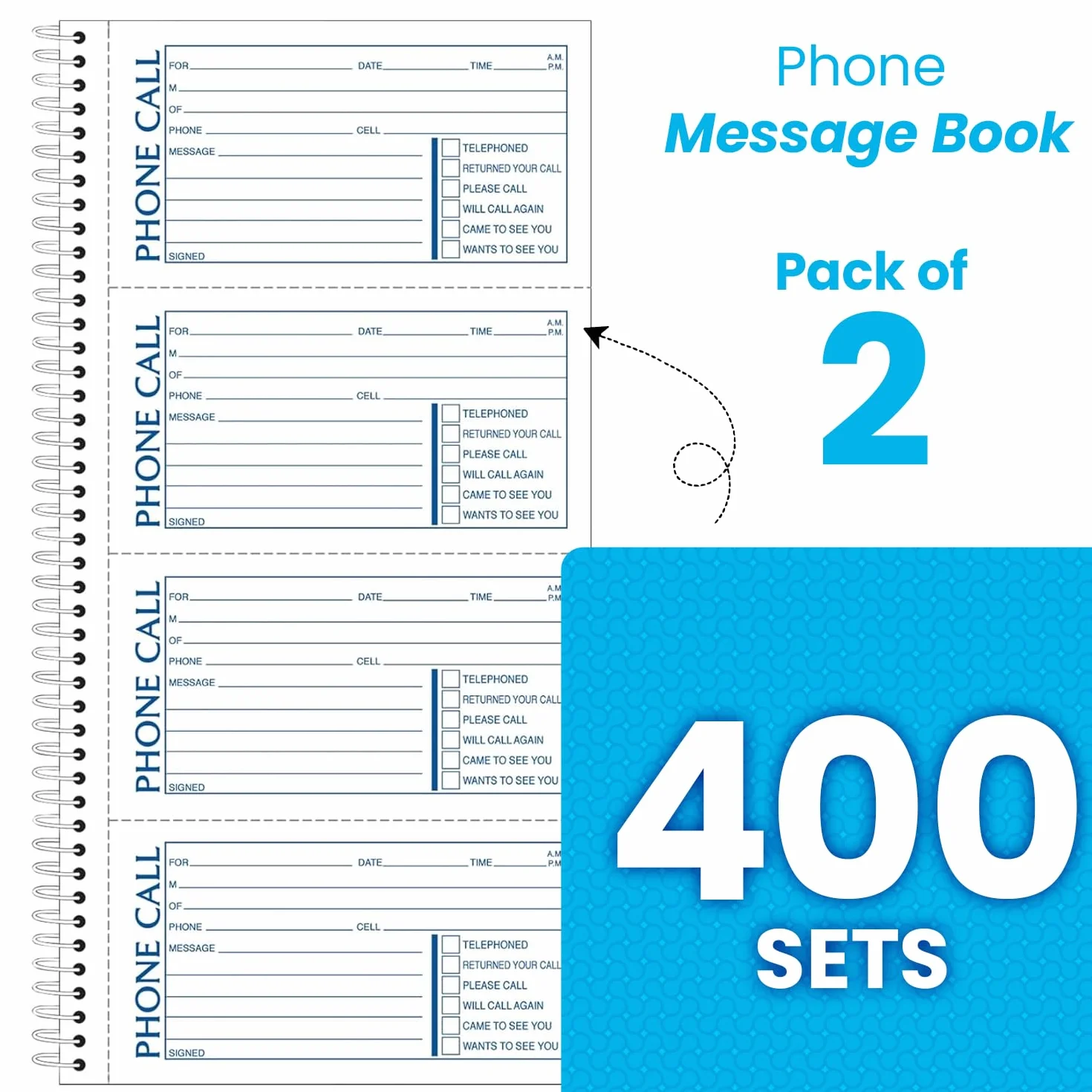 Adams Carnet de messages téléphoniques 13 x 28 cm Reliure spirale 2 parties Sans carbone 4 messages par page 400 ensembles Lot de 2 Blanc et Canari