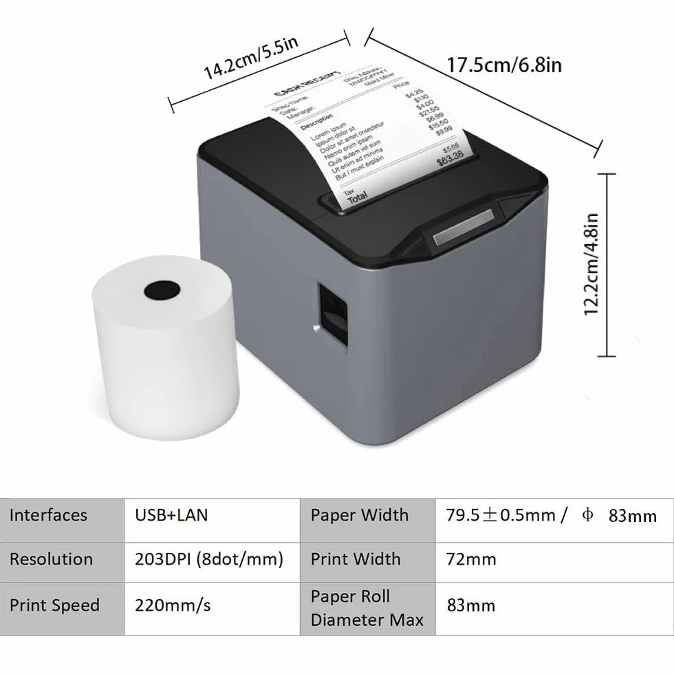 Bisofice Imprimante de reçus 80 mm 220 mm/s USB LAN ESC/POS