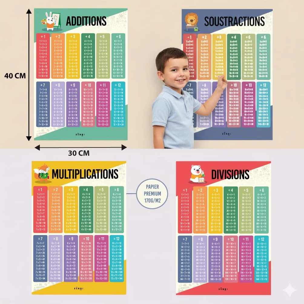 BAMMI 4 Affiches Éducatives 30x42cm Posters Pédagogiques Enfants Multiplications Divisions Additions Soustractions