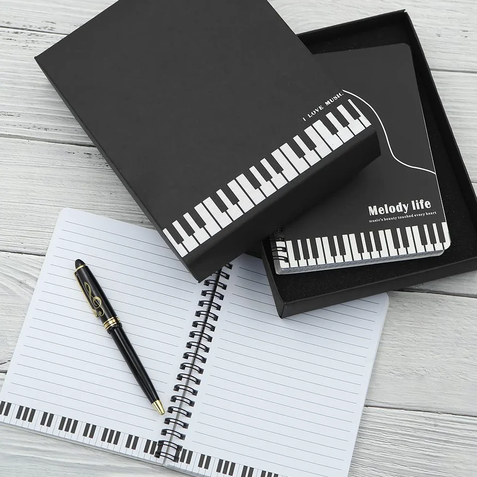 Piano Musical Papeterie Coffret Cadeau, Cahier d'écriture Wirebound avec Stylo Roller Ball Design Clef de Sol pour Bureau École Étudiant (Noir)
