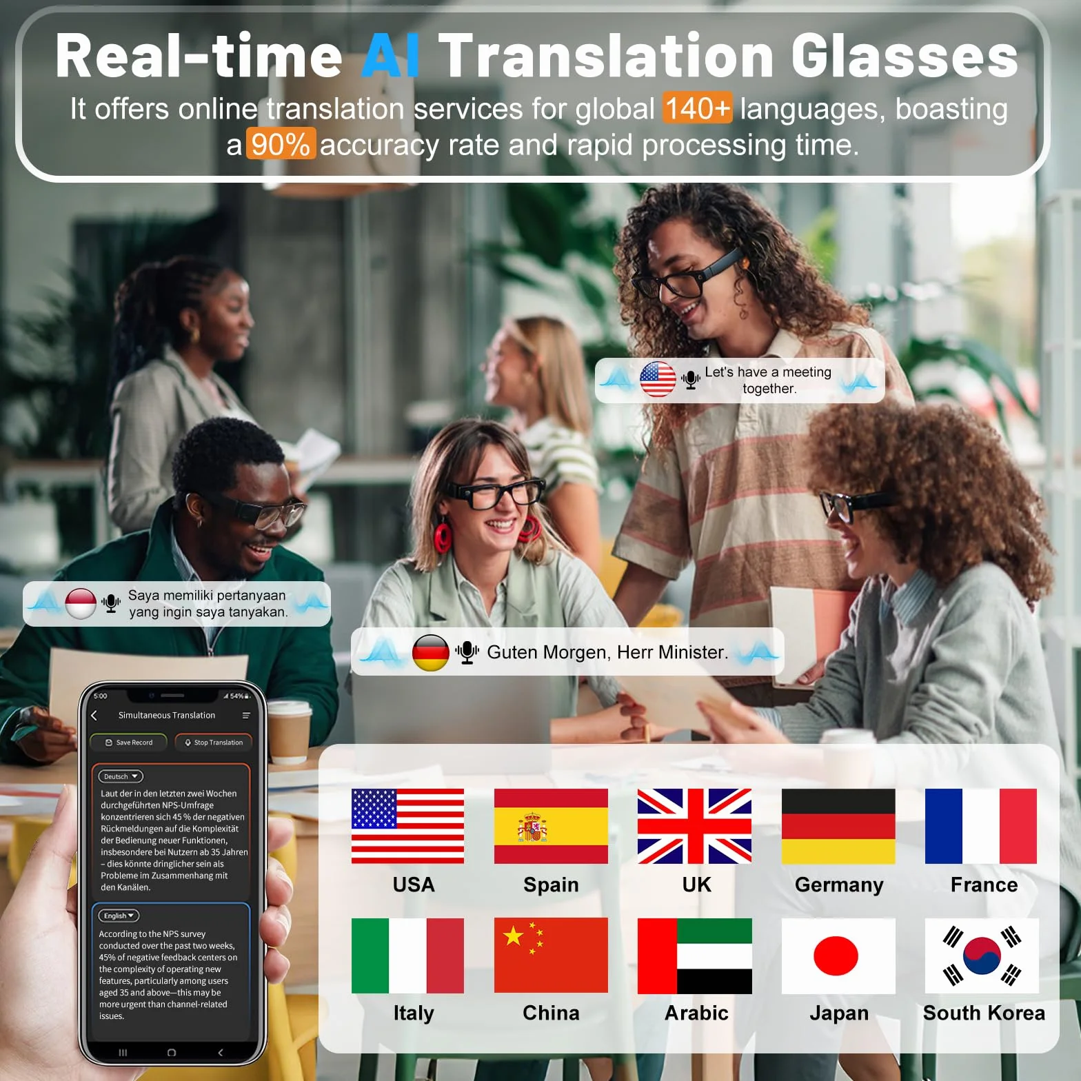 Lunettes Connectées 8MP 4K HD avec Traductrice IA, Verres Photochromiques, Bluetooth, Assistant Vocal