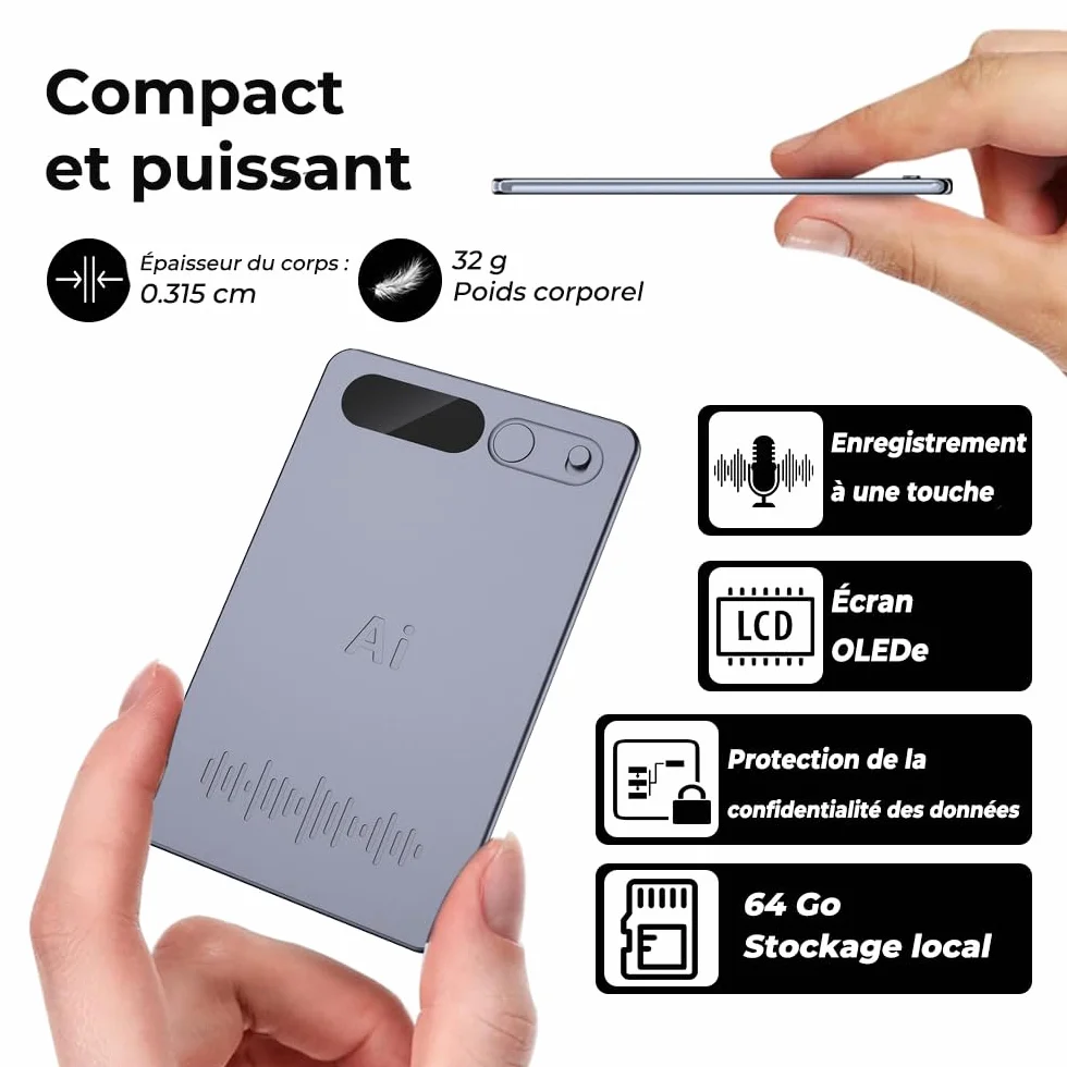 Micro Espion Enregistreur Vocal IA Dictaphone Numérique 35 Heures Transcription Résumé Conférences Réunions Appels Étui Inclus