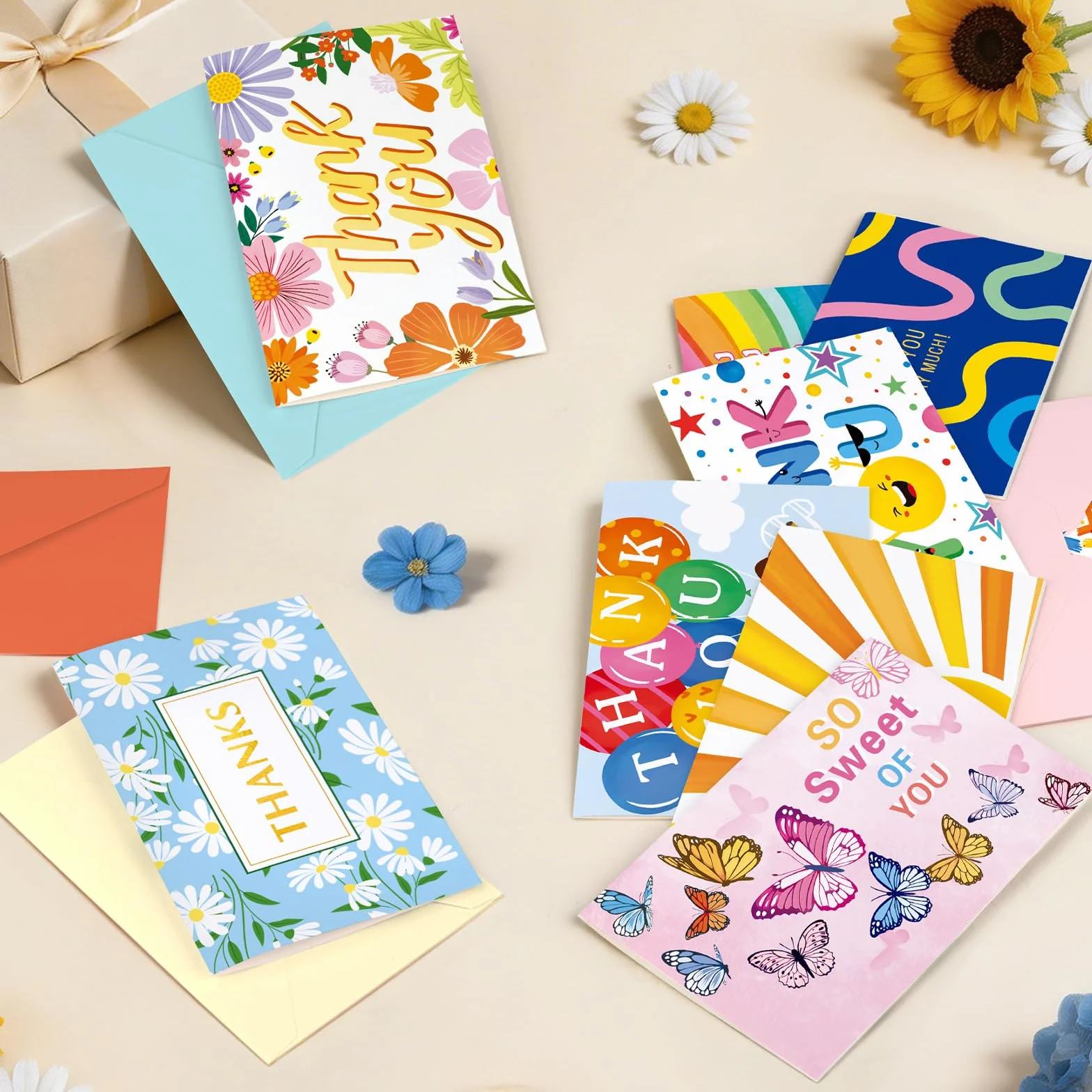 Cartes de Remerciements 48 Pièces 12 Modèles avec Enveloppes et Autocollants 4x6 Pouces pour Enfants Amis Famille