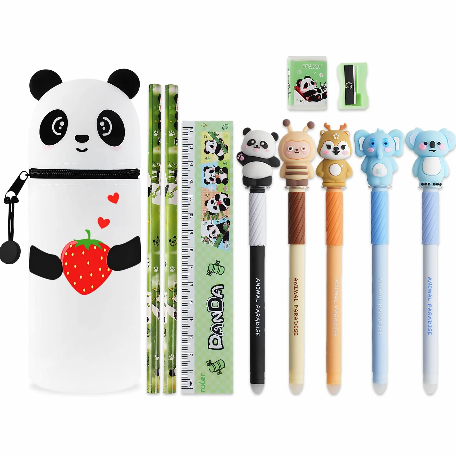 Trousse Silicone 2 en 1 Cartoon Stand Up réglable pour Enfants avec Stylos Gel - Panda Fraise