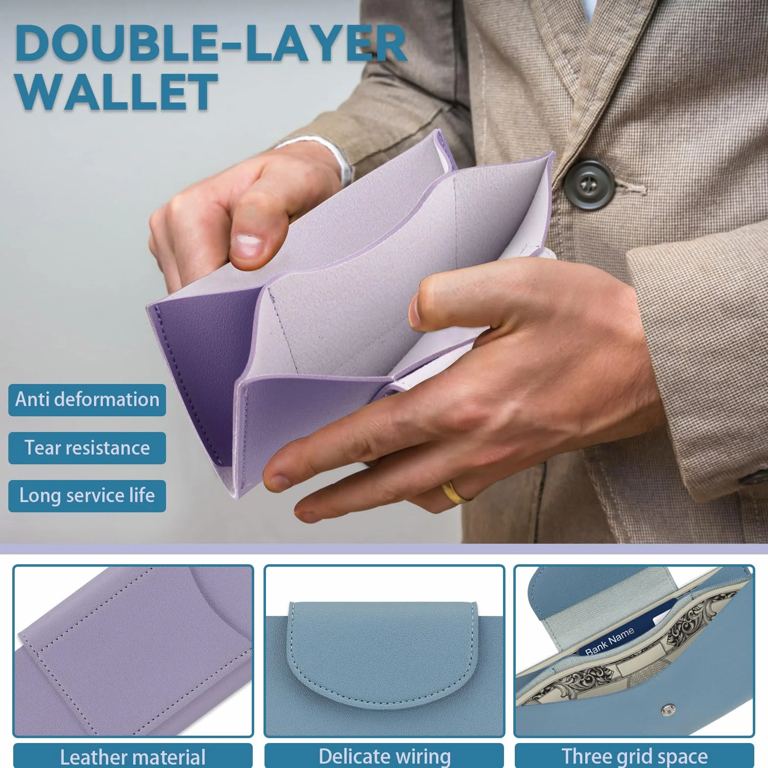 Portefeuille en cuir synthétique lot de 2 enveloppes à 2 fentes pour espèces, organiseur d'argent, porte-cartes de crédit, bleu + violet
