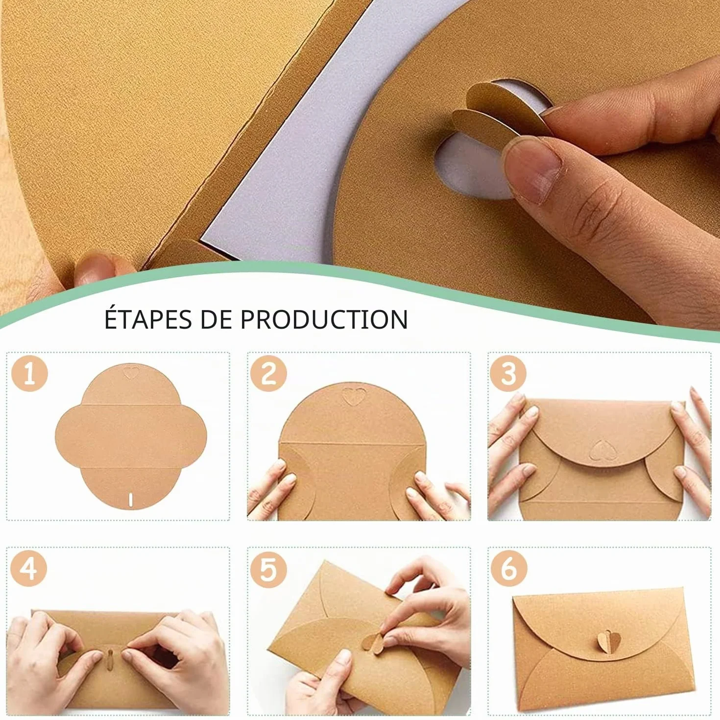 Enveloppes en Papier Kraft 50pcs 17.5x11cm Mini Enveloppe Carte Cadeau avec Coeur Fermoir