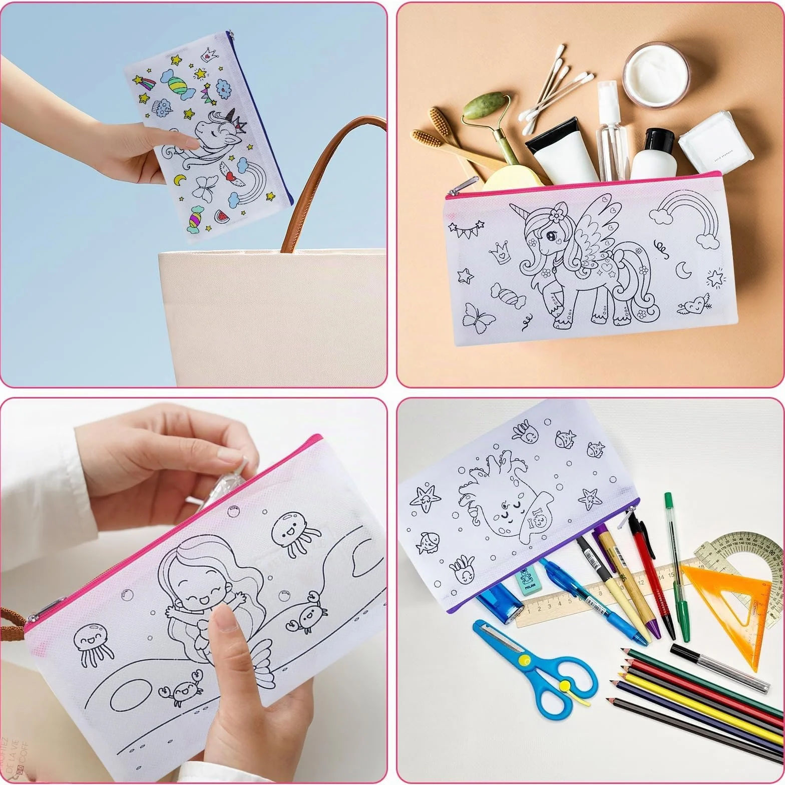 Trousse de Maquillage en Toile Personnalisable Enfant 12 Pièces Pochette Zippée Bricolage DIY