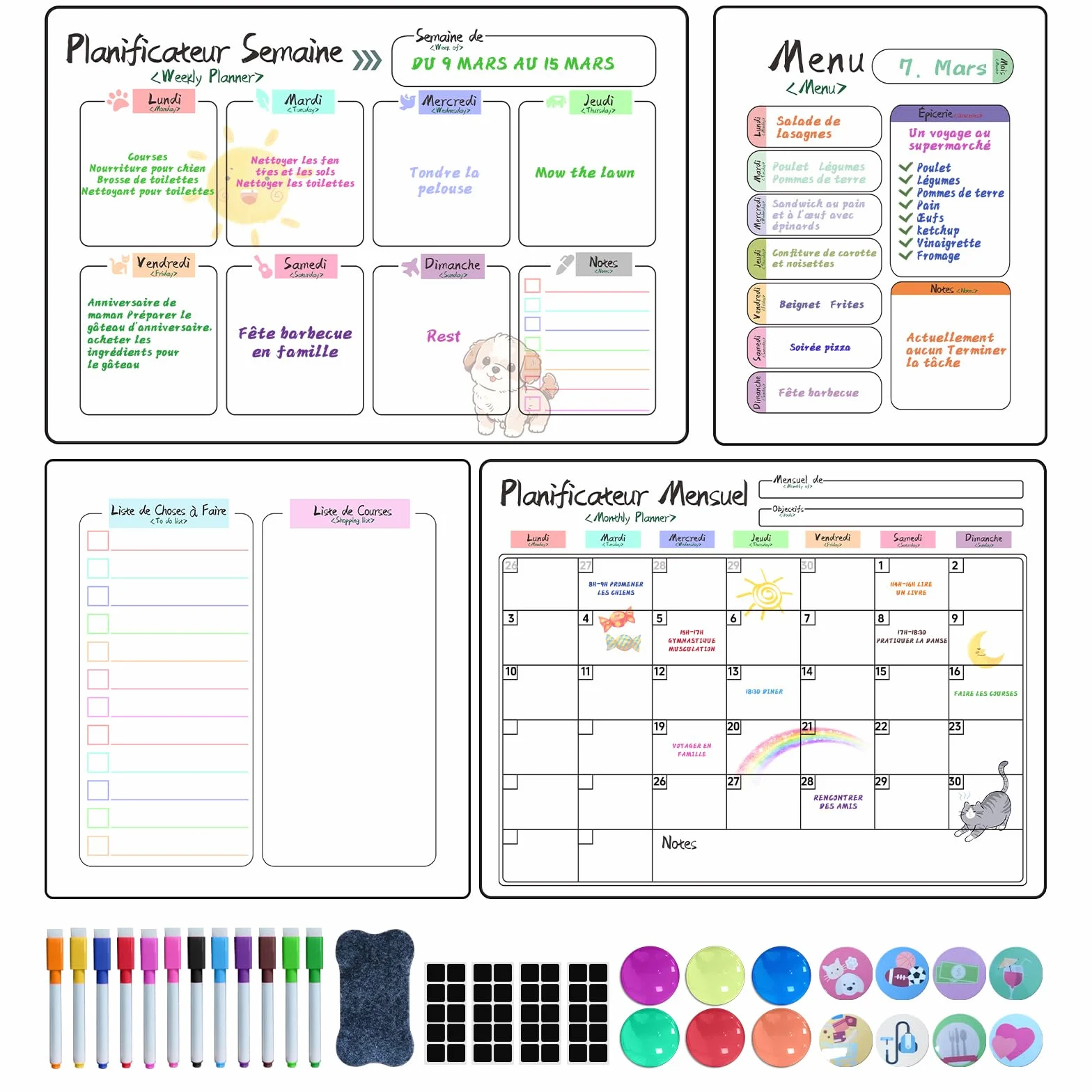 Calendrier Magnetique Frigo 4 Pièces Planificateurs Mensuels Magnétiques Effaçables Tableau Menu Semaine Liste de Courses